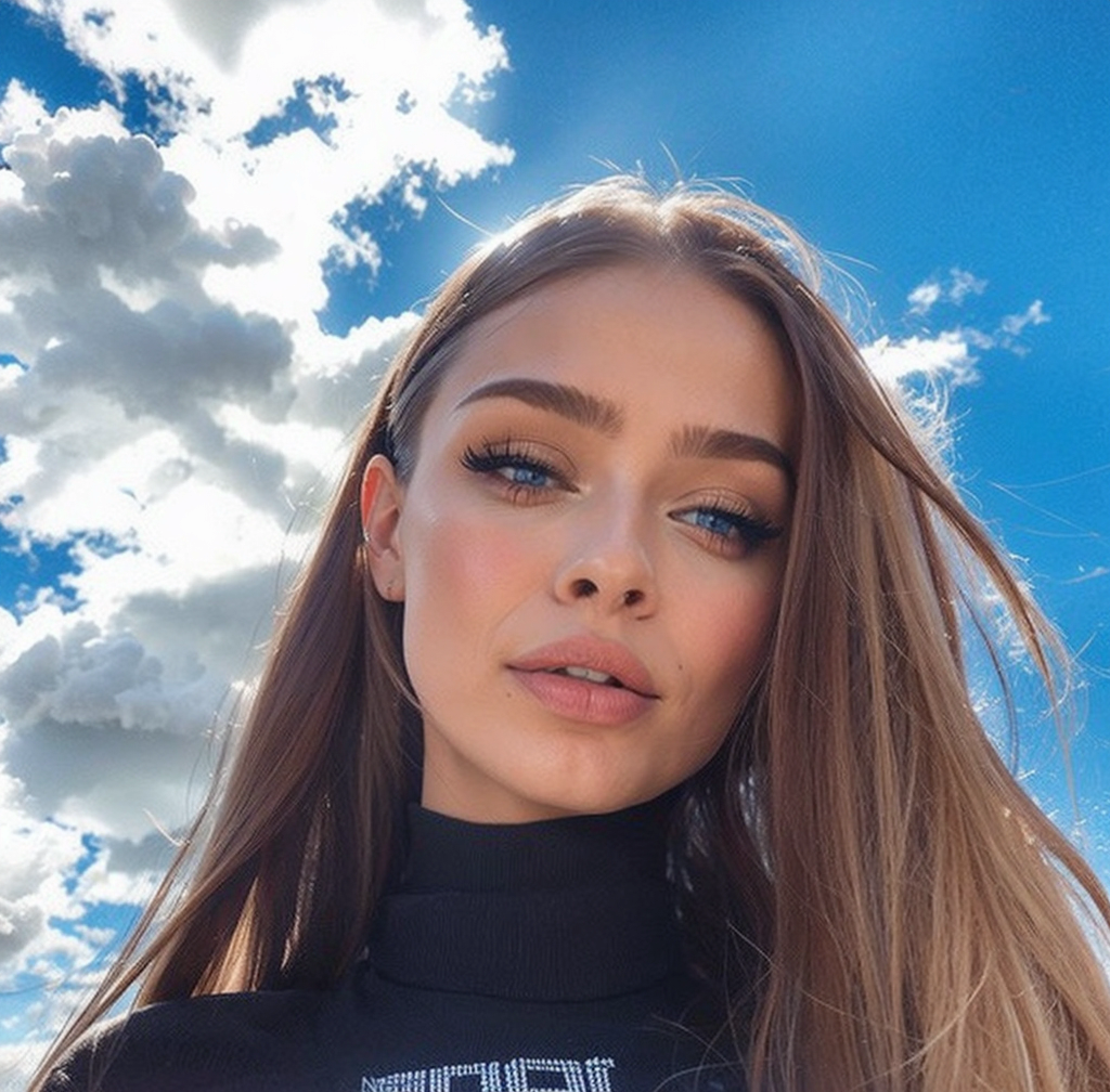 Un primer plano de una mujer con cabello largo y una camisa negra, Anna Nikolanova aka Newmilky, Dasha Taran, 18 years old, 19 year old girl, Cara perfecta ), Amouranth, Retrato Sophie Mudd, Yelena Belova, Modelo de ultra alta calidad, con cabello largo y ojos penetrantes, angelina stroganova