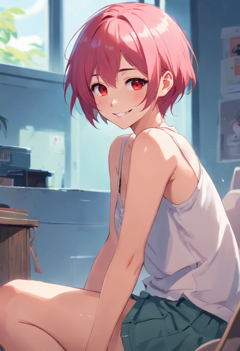 Anime girl smiling, pink hair, messy hair short hair, red eyes, blushed, sensual look, sit , sensual pose, J-cup
