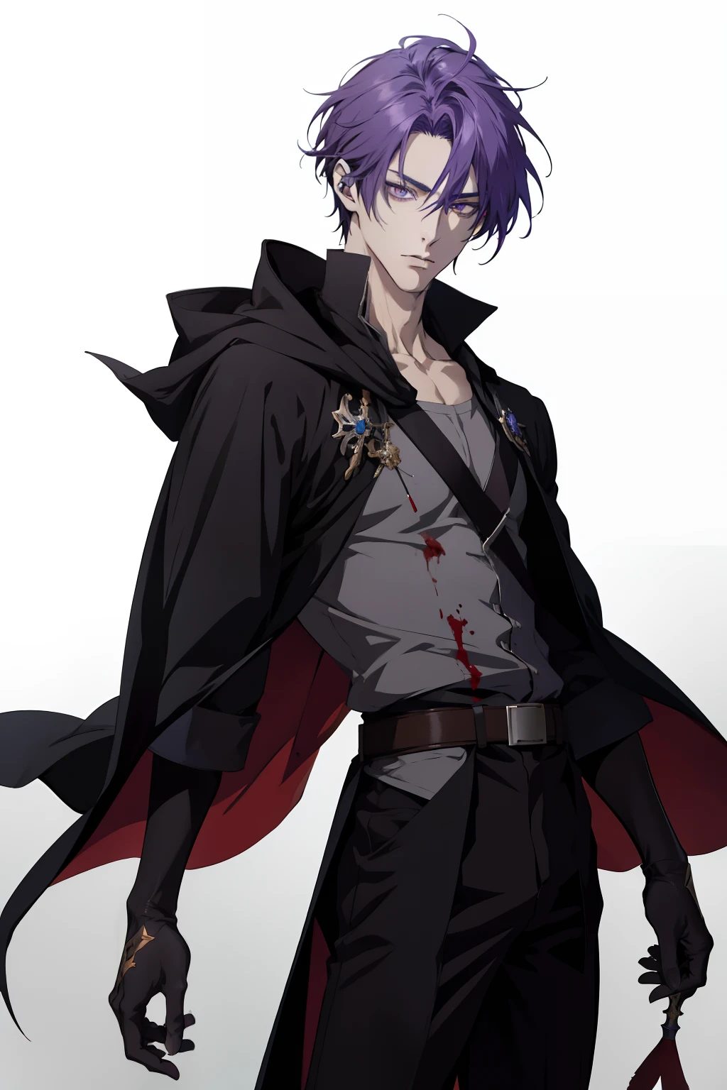 , 2 d anime style, male anime style, male anime character, anime style character, delicate, in an anime style, he masterpiece, (absurdres:1.1), best quality, extremely delicate, (beautiful face:1.1), elegant, (great composition), realistic rendering, Dungeons and Dragons, Fantasy, octane rendering, zbrush. Character design, (absurdres, highres, ultra detailed), 1 male, adult, handsome, far Shot dawn side view Purple hair and eyes. Scar on face black cloak pointing sword out blood far shot view from the side looking at the character side perspective slightly regal