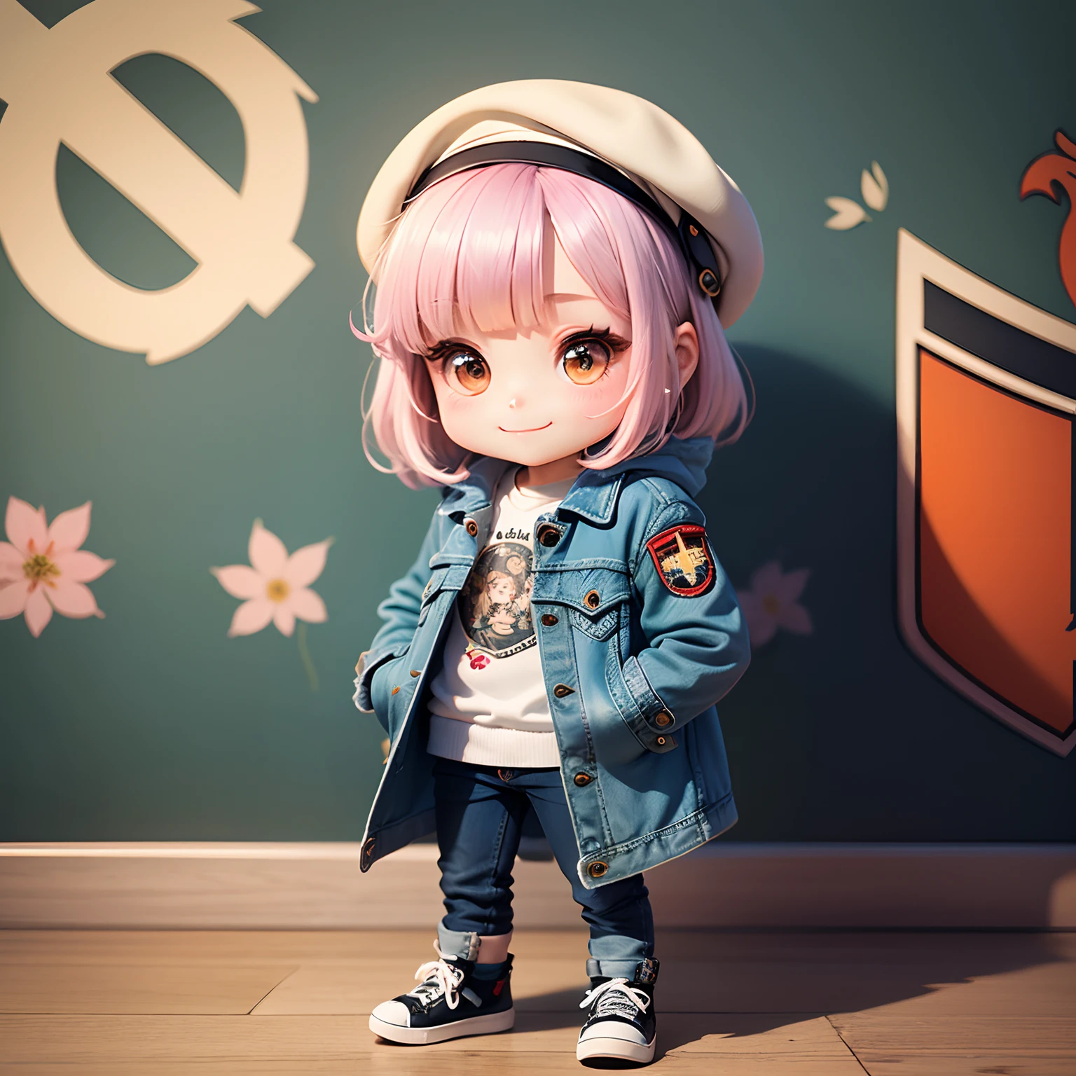 ​masterpiece、top-quality、ultra-detailliert、(Chibi Chara's Daughter:1.2)、Solo、White Bob、Denim Beret、Denim jacket(decoration、coat of arms、Emblem decoration:1.3)、damage jeans、Denim Shoes、Denim Shoulder Bag、Monet flower wallpaper on background、Standing、A smile、