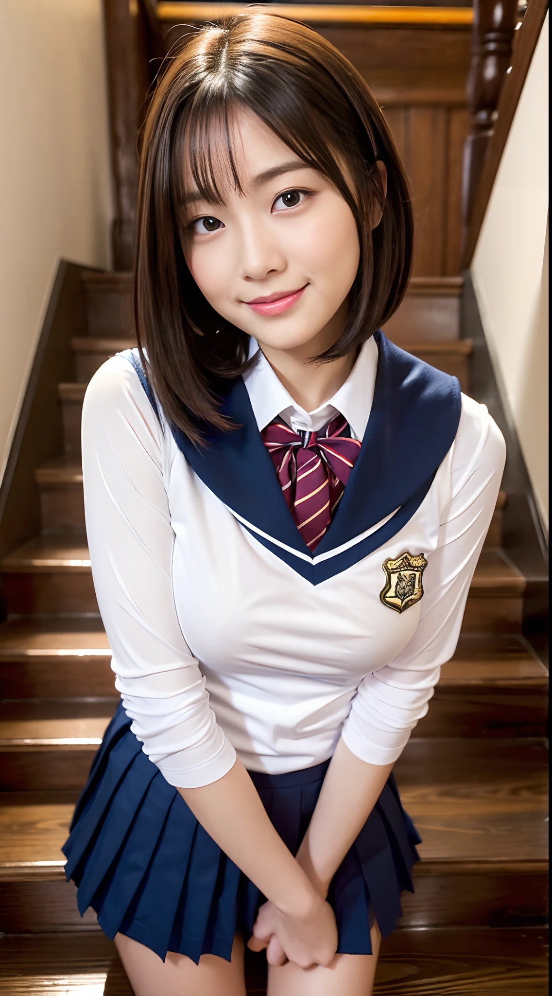 (((full bodyesbian)))、((Girls' High School Uniforms))、((1a person))、short-hair、Close to the subject、Open chest、((a miniskirt))、(((Stairs in the school building)))、(((ssmile)))、(((Girls' High School)))、((a beauty girl))、((sexy pose))、Photorealsitic、Beautiful detailed eyes、Hyper-Realism、highcontrast、Ultra HD、realistic skin textures、Top image quality、top-quality、超A high resolution、Fine details、Very meticulously