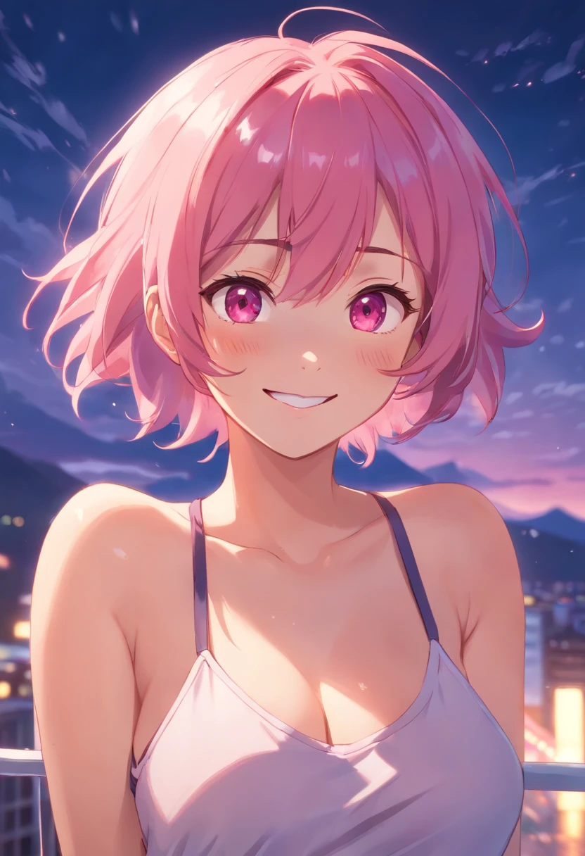 Anime girl smiling, pink hair, messy hair short hair, pink eyes, blushed, sensual look, sensual pose, big breasts