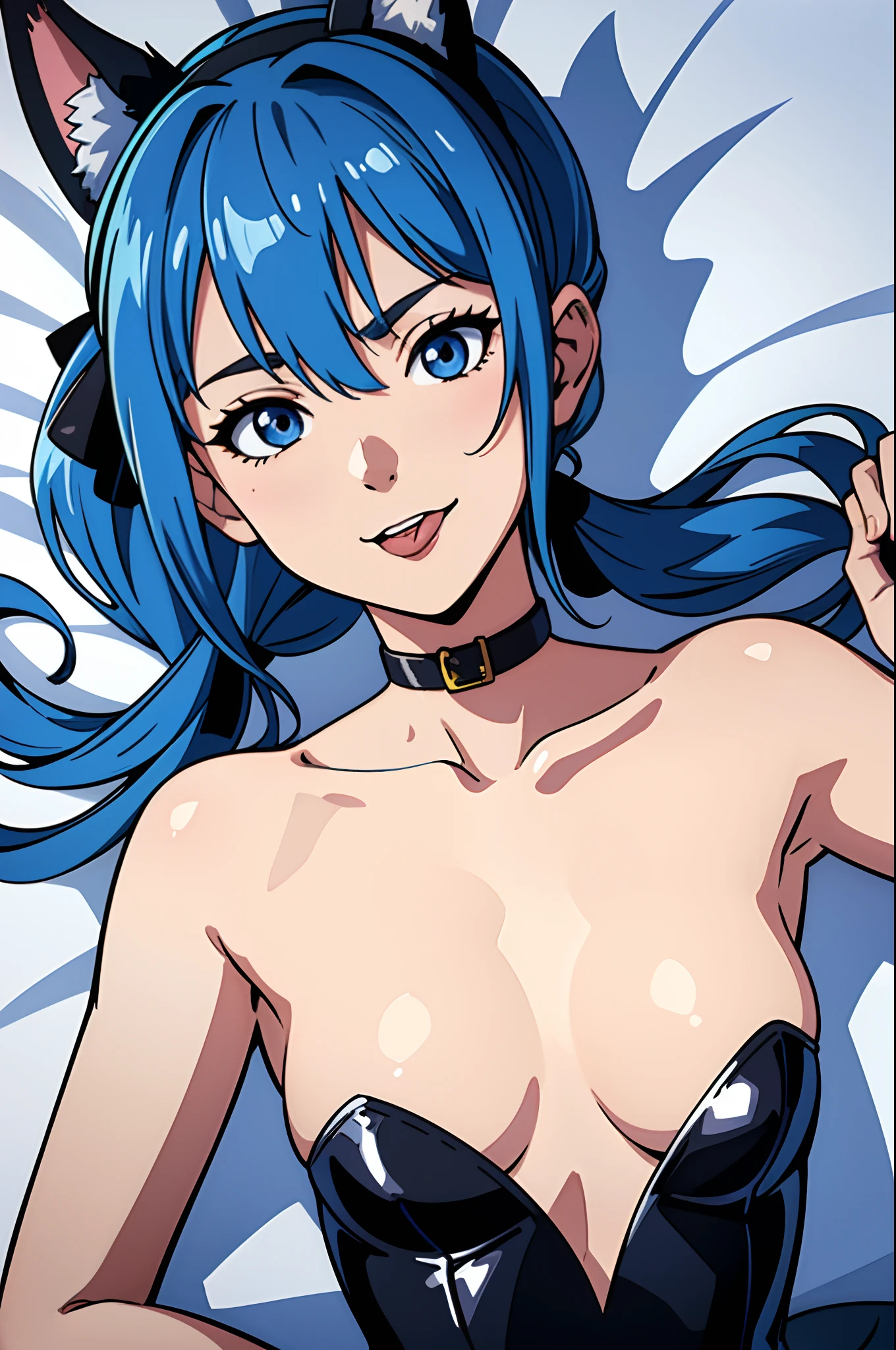 masterpiece, best quality, ultra-detailed, illustration, colorful, flat color, depth of field, 1girl, suisei hoshimachi, blue eyes, blue hair,, hair between eyes, medium hair, side ponytail, (dog ears, dog collar, on a lead, tongue out), anime, (closeup), in bed, lying on back, detailed skin texture, beautiful detailed face, whtie teeth, seductive smile, looking at viewer, alluring attire, collarbone, (black strapless leotard, open shoulders, small breasts, flat chest, slender, slim)