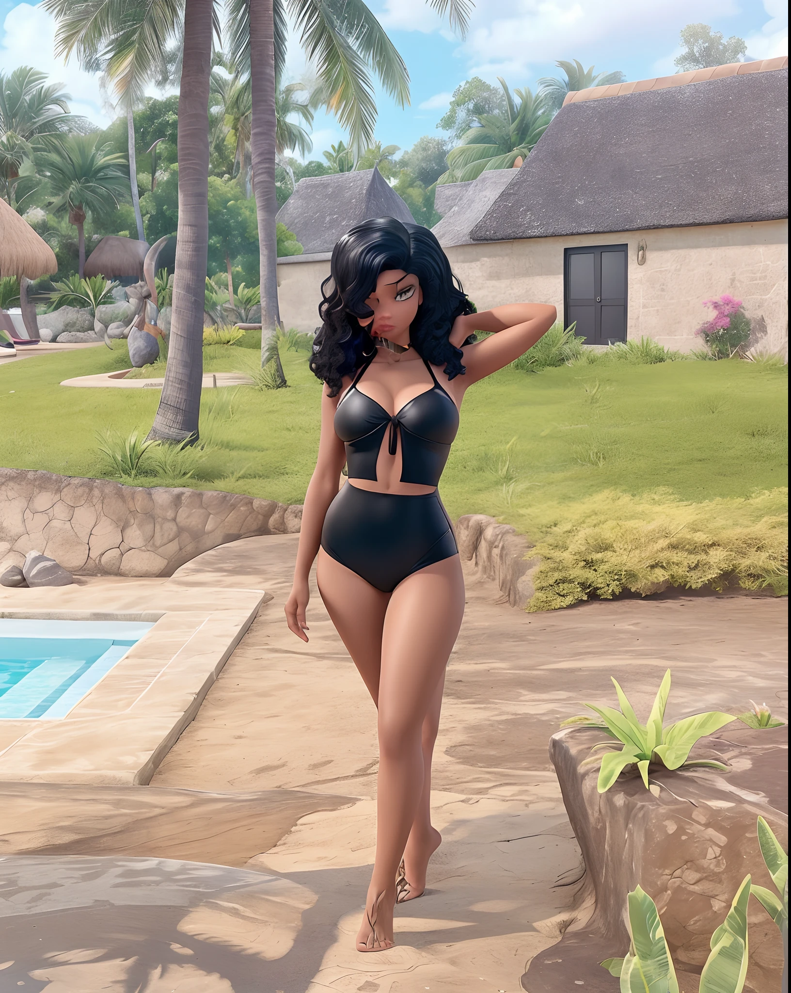 a woman in a black bikini and a black bikini top standing by a pool, wearing two - piece swimsuit, wearing leather swim suite, is wearing a swimsuit, with a cool pose, gorgeous figure, gorgeous lady, next to a tropical pool, striking pose, next to a pool, majestic pose, stunning beauty, full pose, cool pose, with afro, profile image