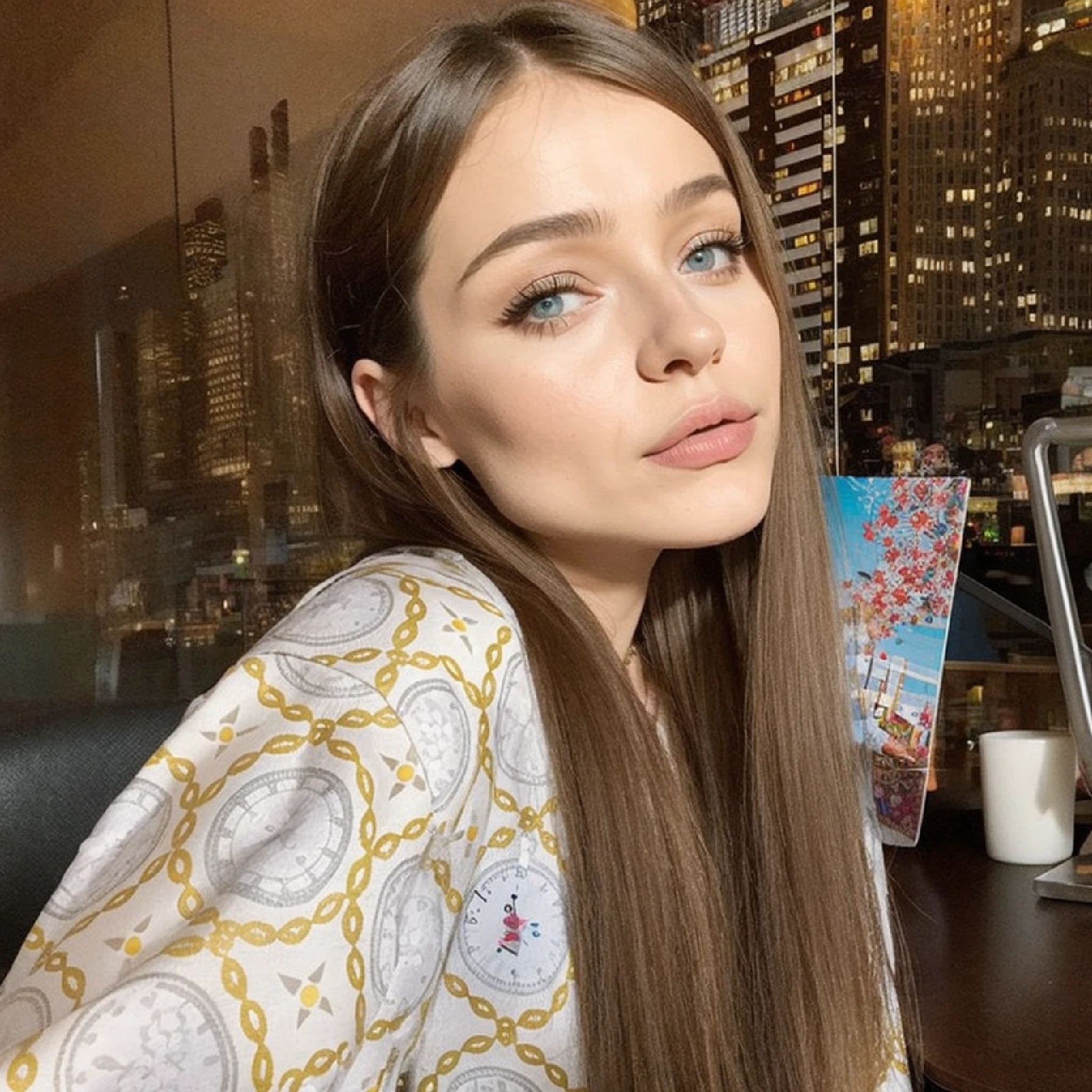 There's a woman who's sitting at a table with a clock, Anna Nikolanova aka Newmilky, Dasha Taran, angelina stroganova, Anastasia Ovchinnikova, Yelena Belova, 19 year old girl, Julia Gorokhova, 18 years old, Viktoria Gavrilenko, 🤤 girl portrait, Ekaterina