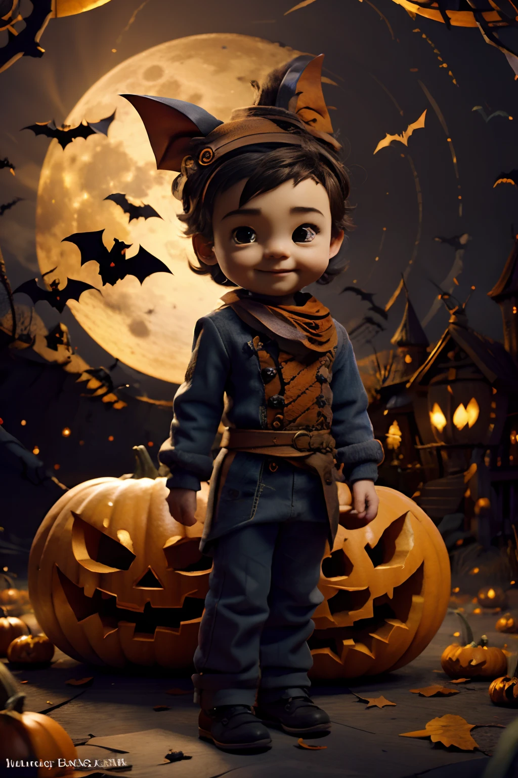 official art, unity 8k wallpaper, ultra detailed, beautiful and aesthetic, High quality, beautiful, masterpiece, best quality, (zentangle, mandala, tangle, entangle:0.6), Halloween theme, little boy, wishing happy Halloween, pumpkins, bats , full moon.