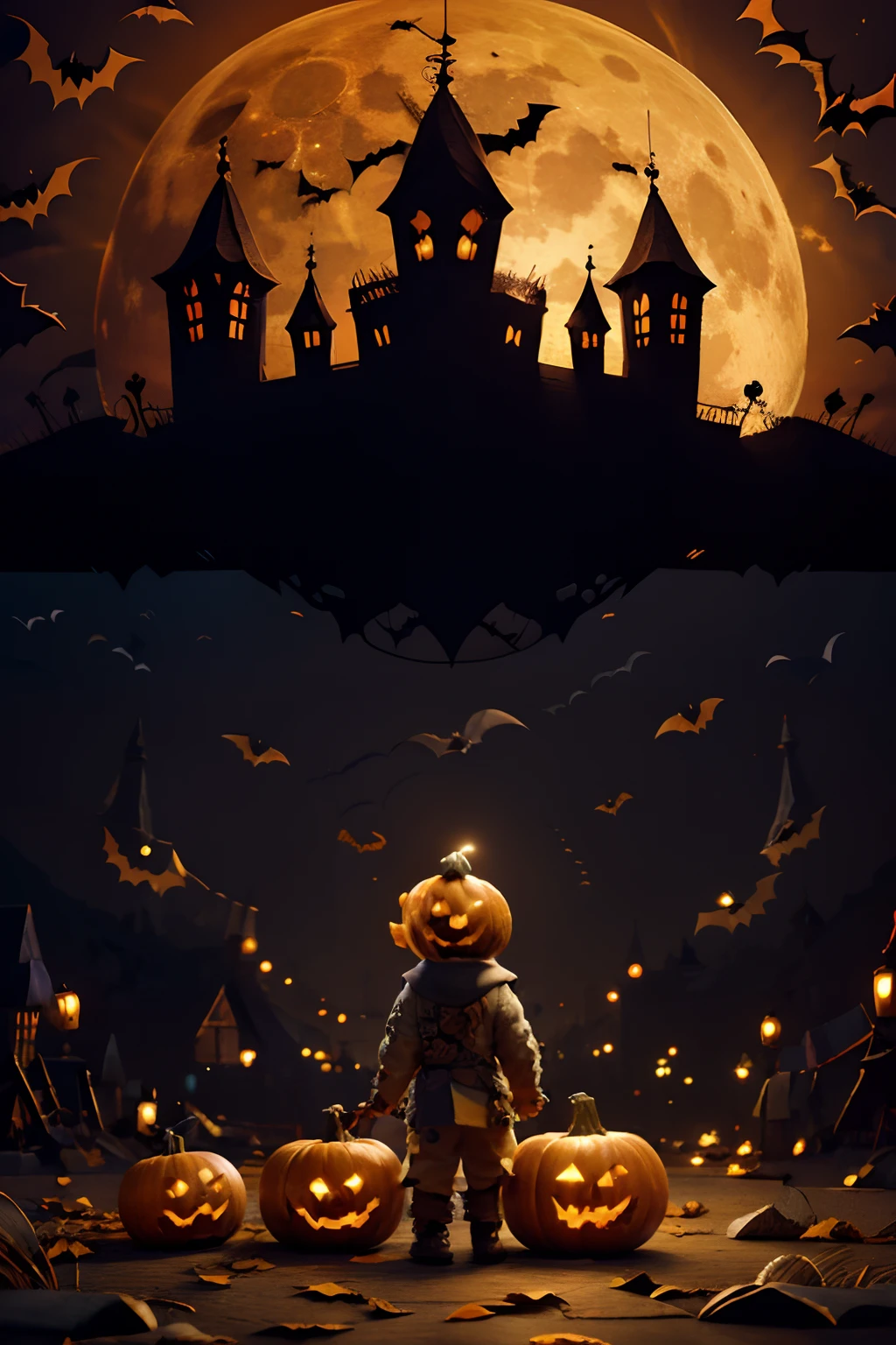 official art, unity 8k wallpaper, ultra detailed, beautiful and aesthetic, High quality, beautiful, masterpiece, best quality, (zentangle, mandala, tangle, entangle:0.6), Halloween theme, little boy, wishing happy Halloween, pumpkins, bats , full moon.