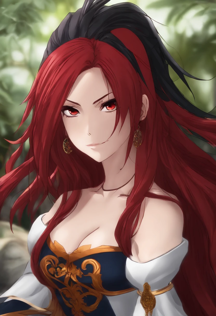 Erza scarlet, cabelo vermelho, anime, roupa preta, seios, espadas