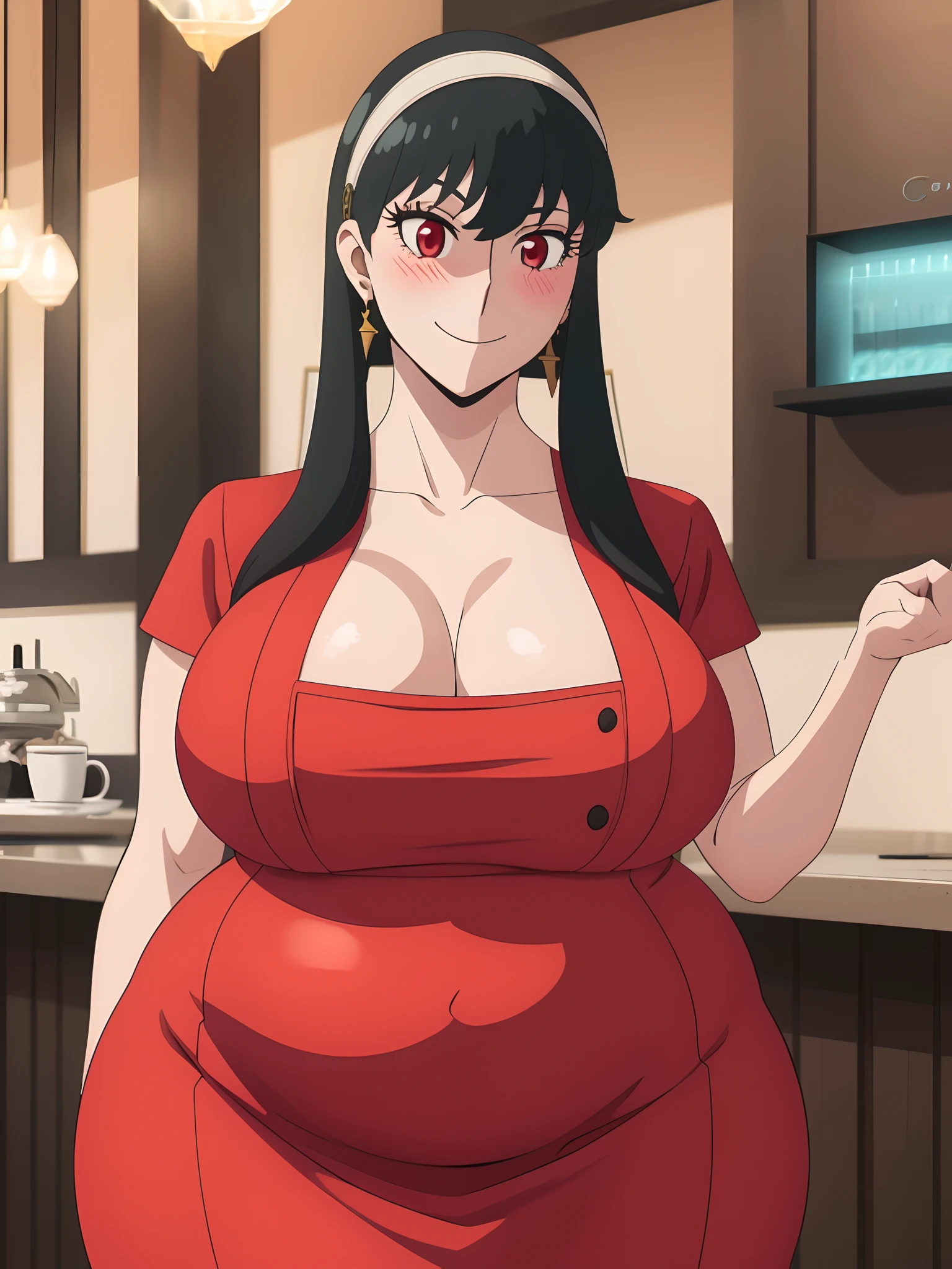 woman sharp features, 1girl, black hair, solo, red eyes, closed mouth, blush, jewelry, white headband, earrings, masterpiece, (huge breasts:1.0), (wide hips:1.5), detailed eyes, makeup, eyeliner, eyelashes, earrings, seductive smile, closed mouth, masterpiece, best quality, 1girl, realistic, 1girl, blush, makeup, glow, cafe background, collarbone, (masterpiece), 1girl, solo, detailed eyes, tall female body, detailed, bright face, dynamic lighting, full body, Full HD, good detail, perfect hands, mature_woman, lighting on face, detailed eyes, adult woman, mature woman, cowboy shot, cowboy shot, upper body, tall female body, bright face, anime, (Red dress), anime, Obese, (plump belly), Fat Face, Thin waiste, yor briar, spy×family, Yor