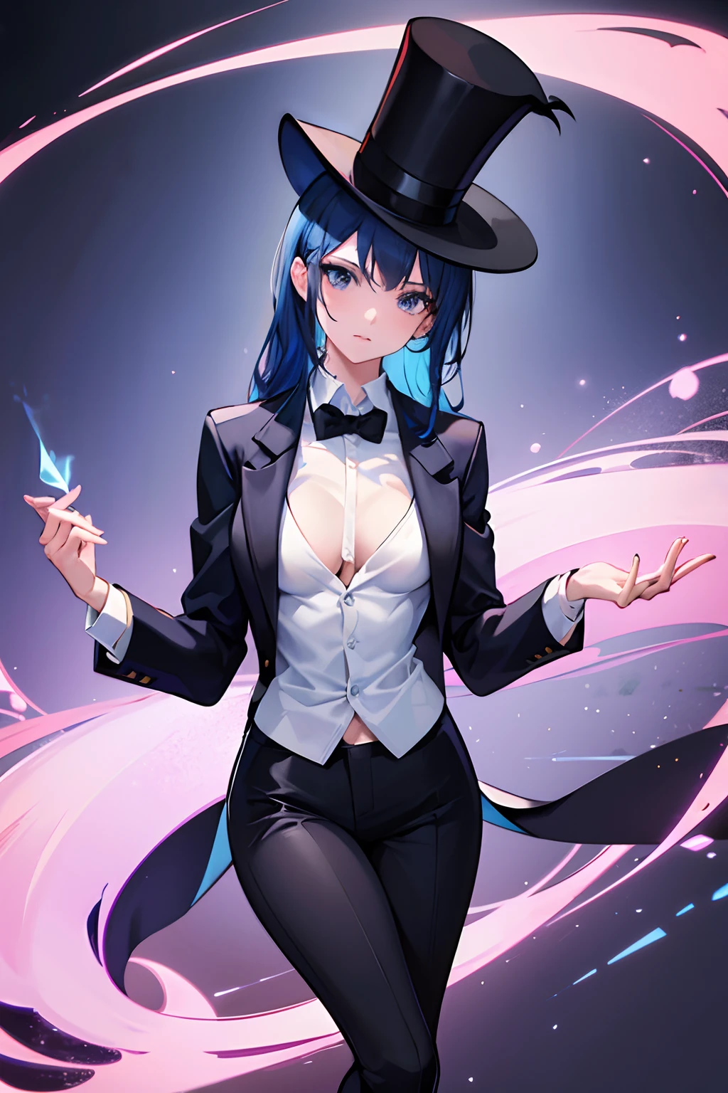 young girl, with daek blue hair, wearing black top hat, top hat, wearing blazer, magician outfit, black legging pants, 4k, wearing magic in hands, looking at viewer, in a magic show scenerie, 4k, magician landscape, masterpiece