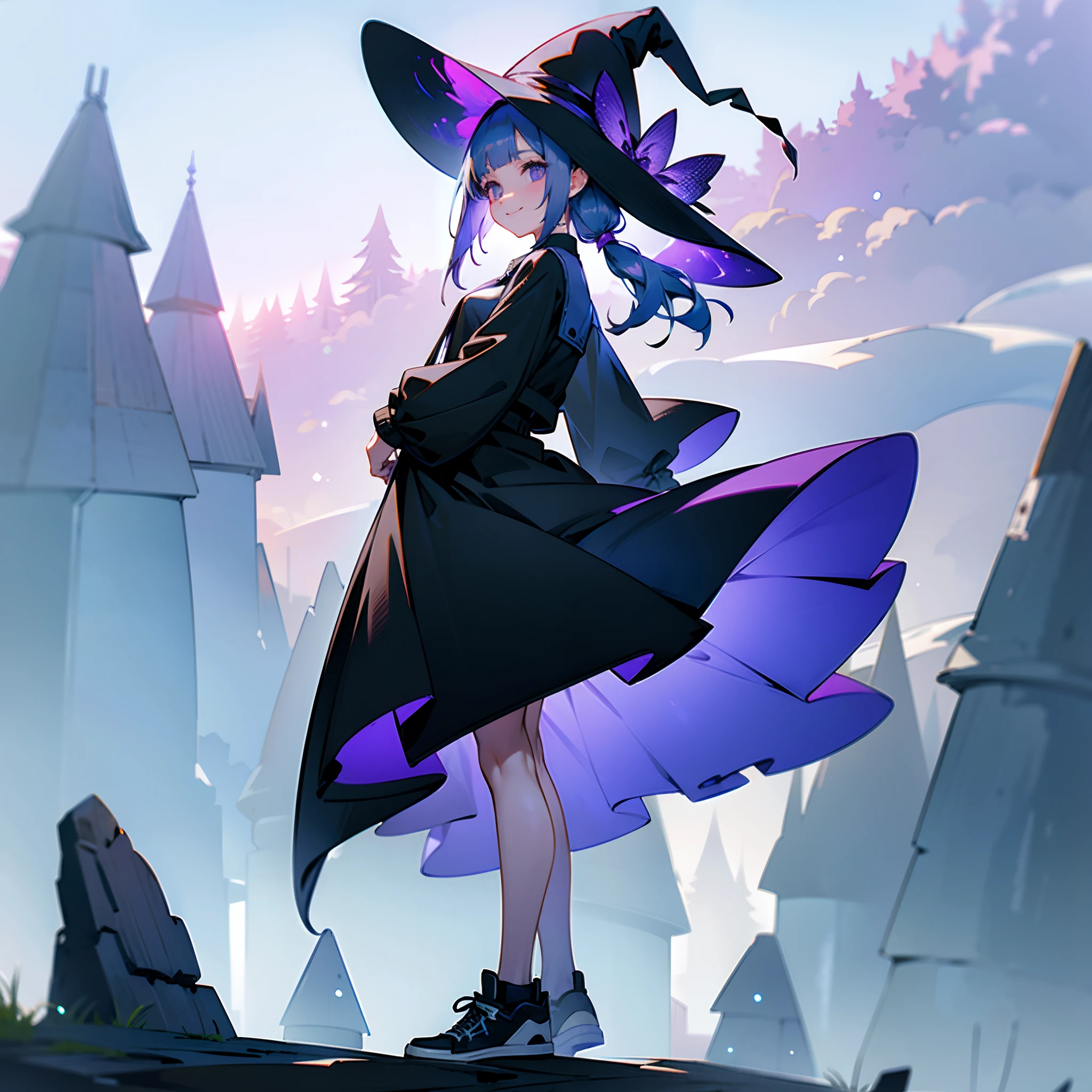 A mystical otherworldly half-timber town、Standing Girl、Black coat、white t-shirt、a black skirt、beautiful thigh、Beautiful calves、White long bob hairstyle with blue-violet mesh、Looking at me with a smile、Black sneakers with white shoelaces、Large witch hat with sapphire accessories、Dark brown eyes with highlights、On a hilltop with a panoramic view of the town