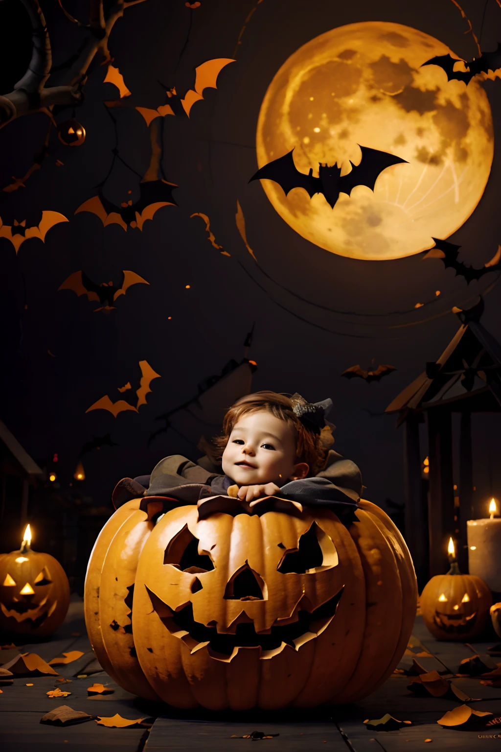 official art, unity 8k wallpaper, ultra detailed, beautiful and aesthetic, High quality, beautiful, masterpiece, best quality, (zentangle, mandala, tangle, entangle:0.6), Halloween theme,  boy, wishing happy Halloween, pumpkins, bats , full moon.