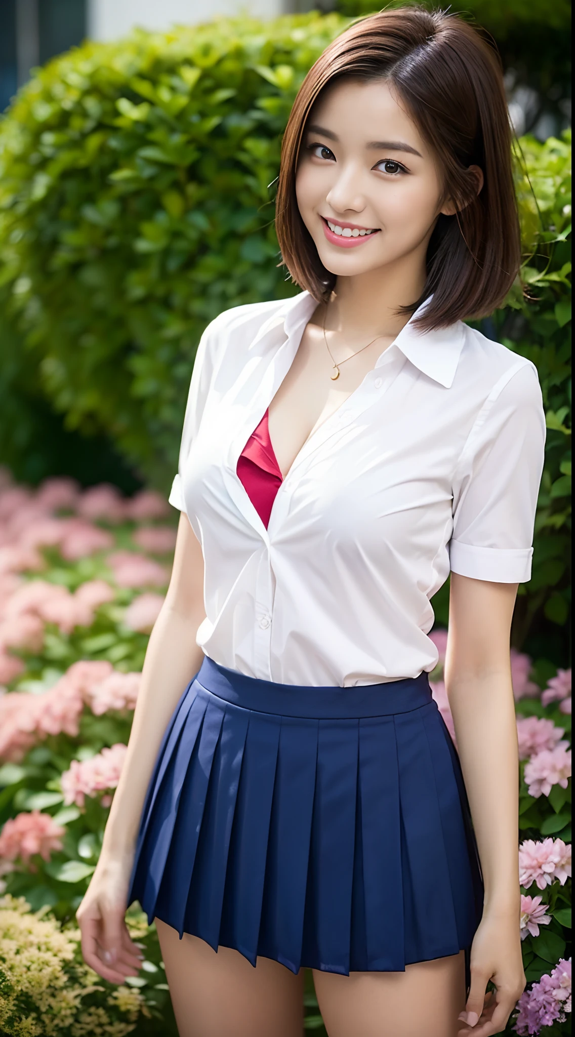 (masterpiece:1.3),(highest quality:1.4),ultra high resolution,(fine eyes),(detailed facial features),(Detailed clothing characteristics),HDR,8K resolution, focus only, bangs, Perfect for your skin, (shiny skin),(slender girl),dream-like,
(extreme detailed diagram),check comments,comment request,scenery,no text,
VirtualGirl-Rin, Happy, smile, (small breasts), bangs, bob hair, short hair, brown hair, brown eyes, black choker,
1 girl,
student, , White High ,sailor suit,dark red pleated skirt, stockings,sneakers,、((spread legs:1.5))、((Breasts exposed:1.5))、((mini skirt:1.5)),((No panties:1.5))、