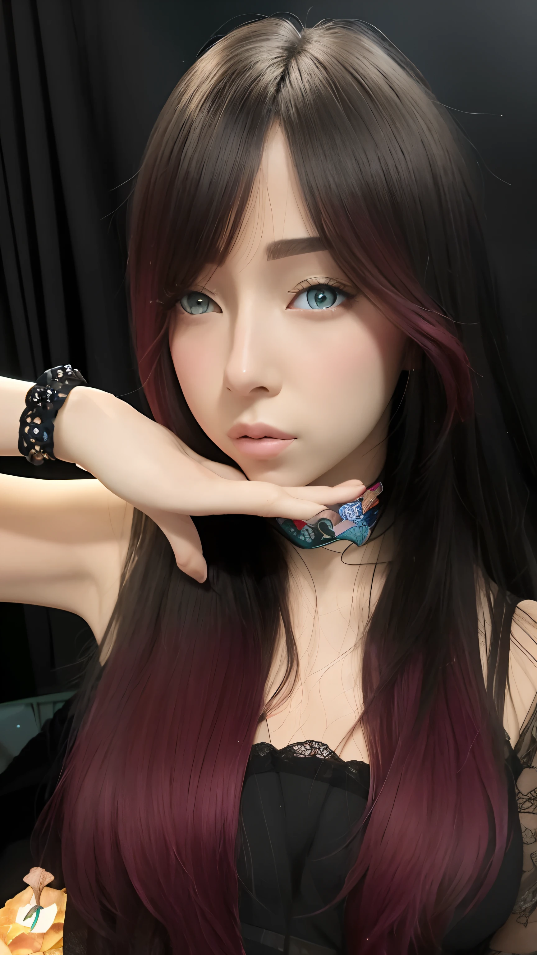 mulher arrogante com longos cabelos pretos e cabelos ruivos posando para uma foto, [ Arte digital 4K ]!!, Arte no estilo de Guweiz, estilo anime. 8k, Estilo anime 3D realista, arte de anime realista, feito com anime painter studio, Guweiz, fotorrealista!!!!!!! estilo de arte, estilo de arte realista, estilo realismo anime
