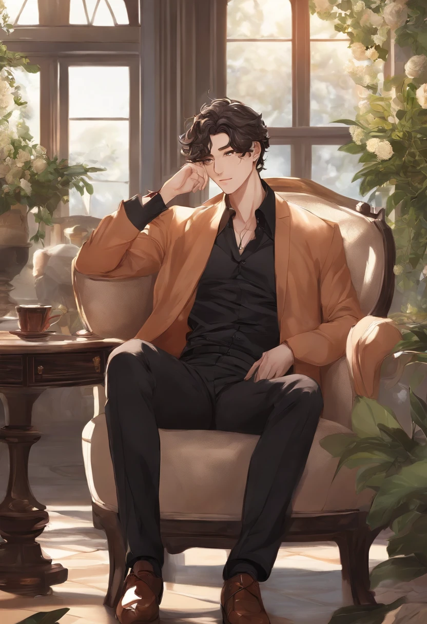 anime man sitting in a chair with his hand on his chin, handsome anime pose, inspired by Bian Shoumin, official illustration, shigenori soejima illustration, anime portrait of a handsome man, handsome guy in demon slayer art, official art, official character illustration, young anime man, delicate androgynous prince, official character art, highly detailed exquisite fanart