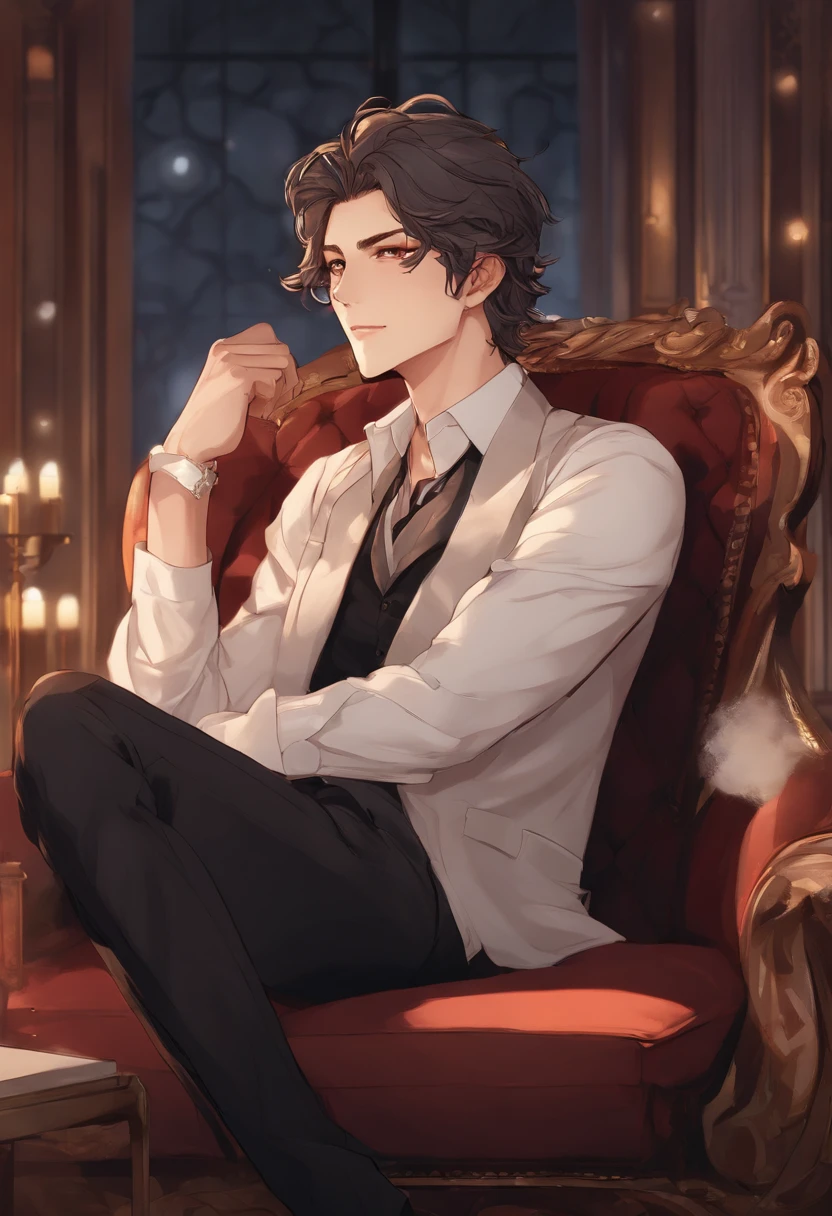 anime man sitting in a chair with his hand on his chin, handsome anime pose, inspired by Bian Shoumin, official illustration, shigenori soejima illustration, anime portrait of a handsome man, handsome guy in demon slayer art, official art, official character illustration, young anime man, delicate androgynous prince, official character art, highly detailed exquisite fanart