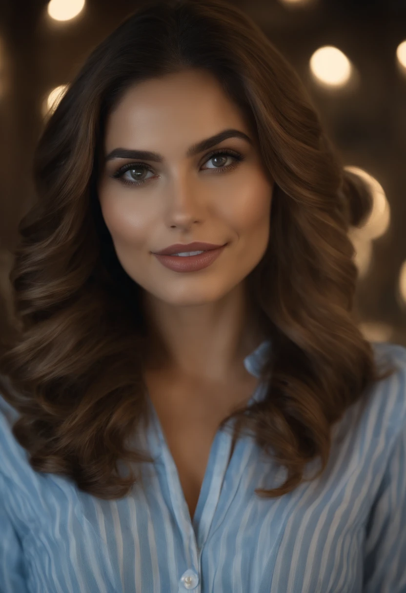 ((alta qualidade)) ((4k)) (master part) (Cinematic lighting) (3D realista) ((low-up angle, horizonte baixo)), ((fundo velho luxuoso da biblioteca)) (( Rosto detalhado) ) ((corpo detalhado)) (sorridente) Beautiful, fofo, (((uma jovem estudante))) ((com muito grosso, Longas, brown flowing hair)) com ((greão, olhos brilhantes e perfeitos)) (cheio, Perfect lips) perfeito, macio, corpo e ((mamas normais)) e ((perfect hands and fingers)) e (pernas torneadas) ((Standing)) (corpo voltado para frente, Look at the camera) Useo ((camisa branca)), ((Gravata listrada)), ((jaqueta aberta azul escuro)) e ((- Dark blue tiny skirt)) e (((Meias azuis escuras)))