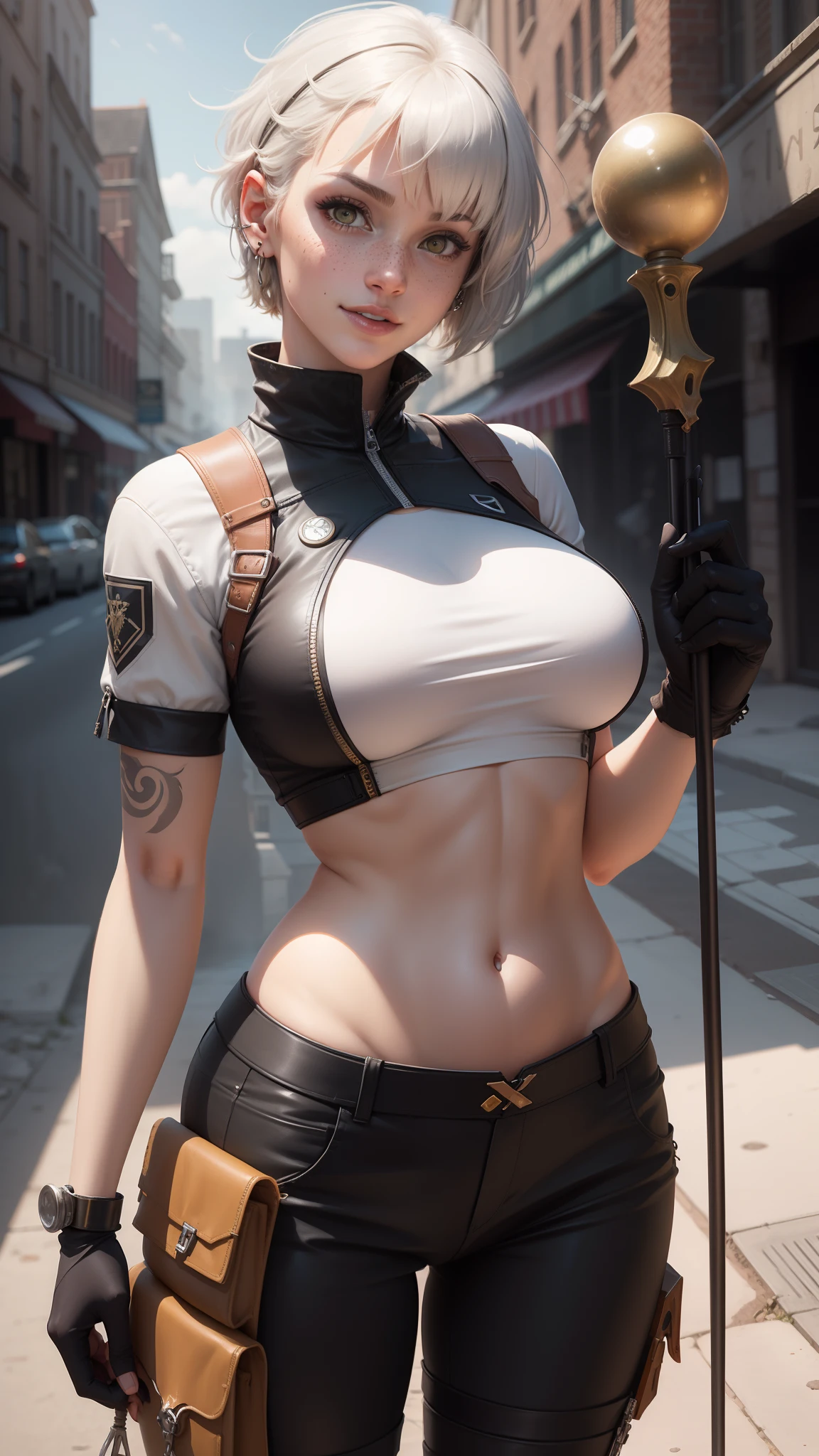 gwen tennyson,tracer,y'shtola rhul, rebecca chambers,atelier ryza,nier automata,close up,mecha pilot,city ruins,tattoos,white and orange plugsuit, steel short sleeve lycra top,white cargo pants,uncovered belly,short hair,cute makeup,yellow eyes,dimensional silver hair,sexy smile,freckles,beautiful girl,large breasts,4k hd,ultra detailed,realistic,fantasy art,military uniform,aviator uniform,steel armor,ear piercings,hair pin,holding a magic staff,