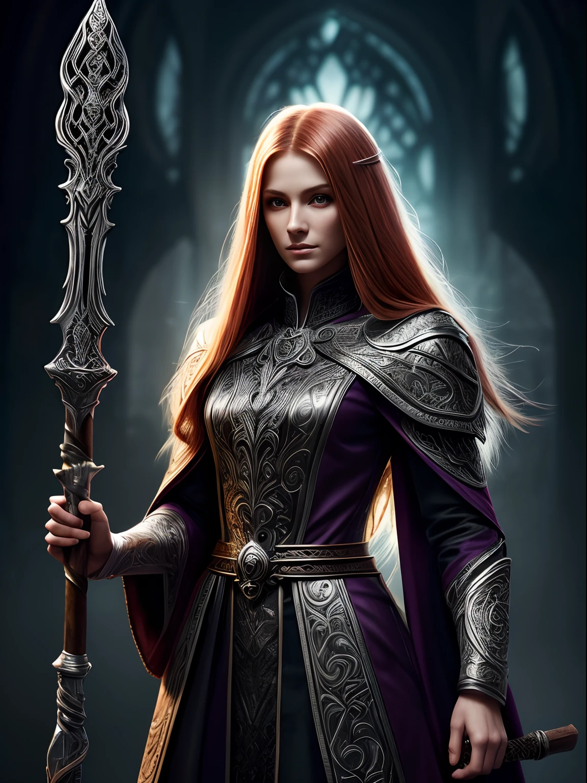 intricately detailed illustration of a warlock, holding a staff, long silver hair, young ginger woman, backlit, raytraced, front view, gorgeous body, extremely realistic, full body shot, fantastical, imaginative, visually rich, atmospheric, zoomed, shot by MSchiffer, 32k resolution, best quality