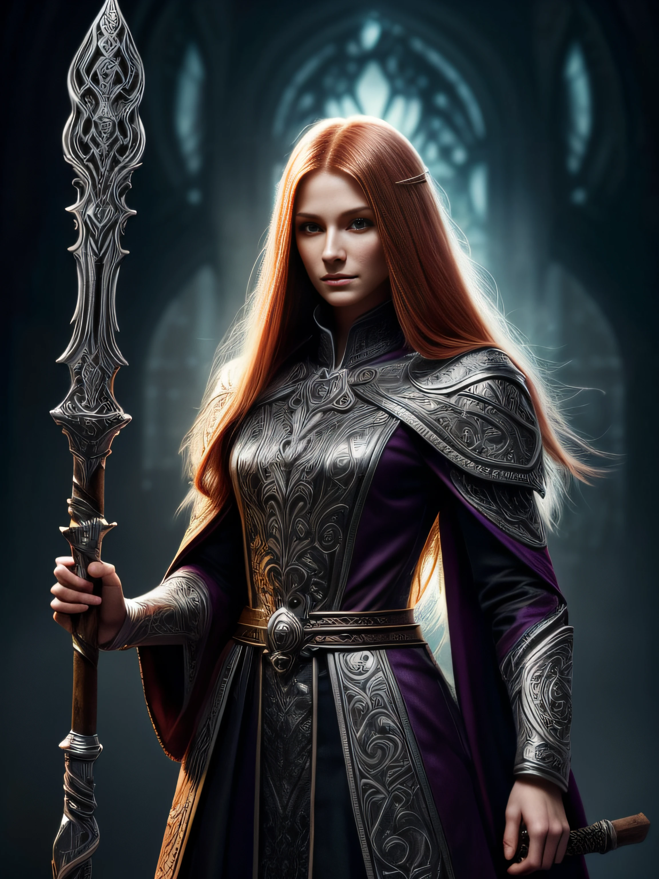 intricately detailed illustration of a warlock, holding a staff, long silver hair, young ginger woman, backlit, raytraced, front view, gorgeous body, extremely realistic, full body shot, fantastical, imaginative, visually rich, atmospheric, zoomed, shot by MSchiffer, 32k resolution, best quality