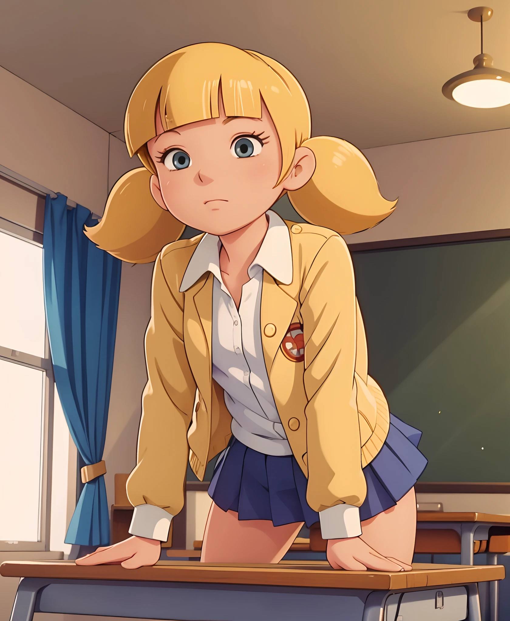 masterpiece, best quality, 1girl, penny, blonde hair, twintails, blunt bangs, flat chest, from below, mitakihara school uniform, classroom, school desk,