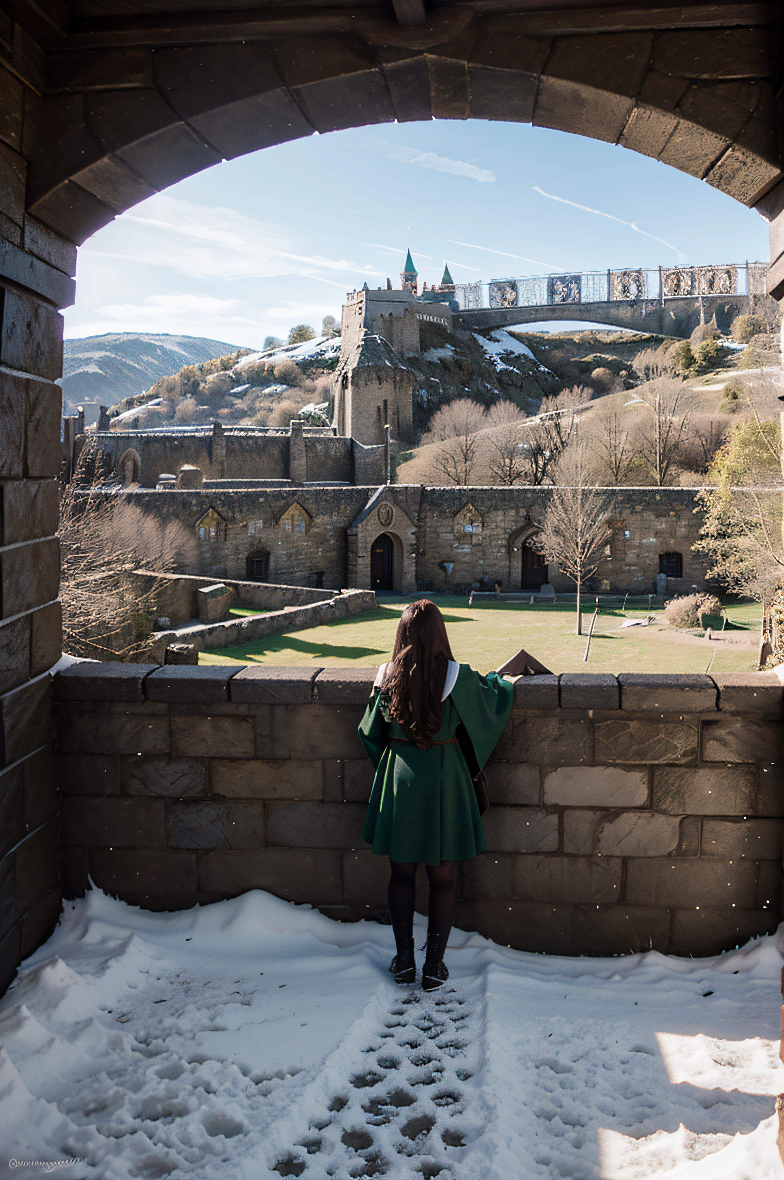 view from hogwarts tower of hogsmeade, 1 girl student of slytherin, sun