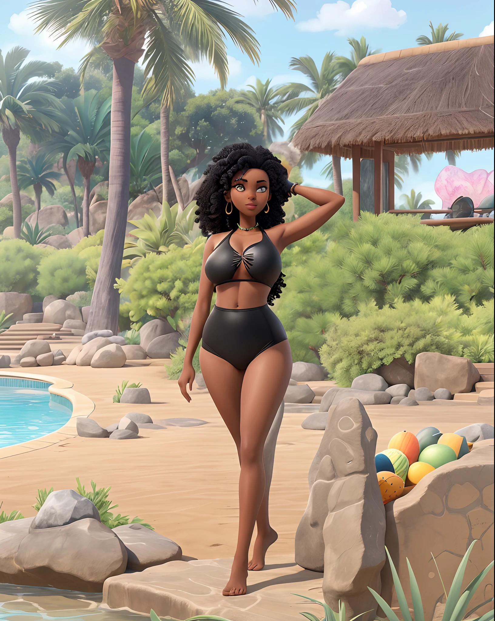 an african woman in a black bikini and a black bikini top standing by a pool, wearing two - piece swimsuit, wearing leather swim suite, is wearing a swimsuit, with a cool pose, gorgeous figure, gorgeous lady, next to a tropical pool, striking pose, next to a pool, majestic pose, stunning beauty, full pose, cool pose, with afro, profile image