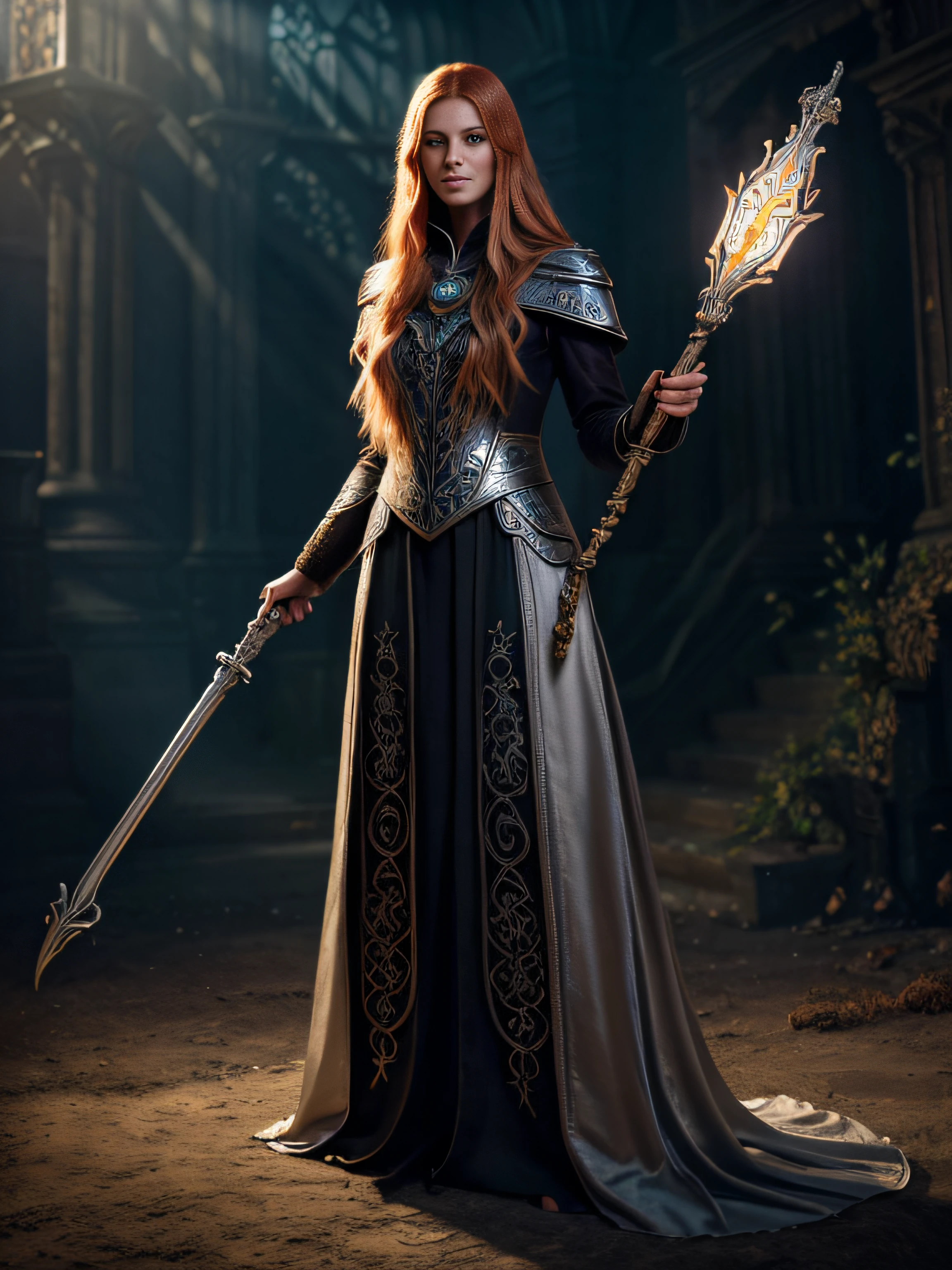 intricately detailed illustration of a warlock, holding a staff, long silver hair, young ginger woman, backlit, raytraced, front view, gorgeous body, extremely realistic, full body shot, fantastical, imaginative, visually rich, atmospheric, zoomed, shot by MSchiffer, 32k resolution, best quality