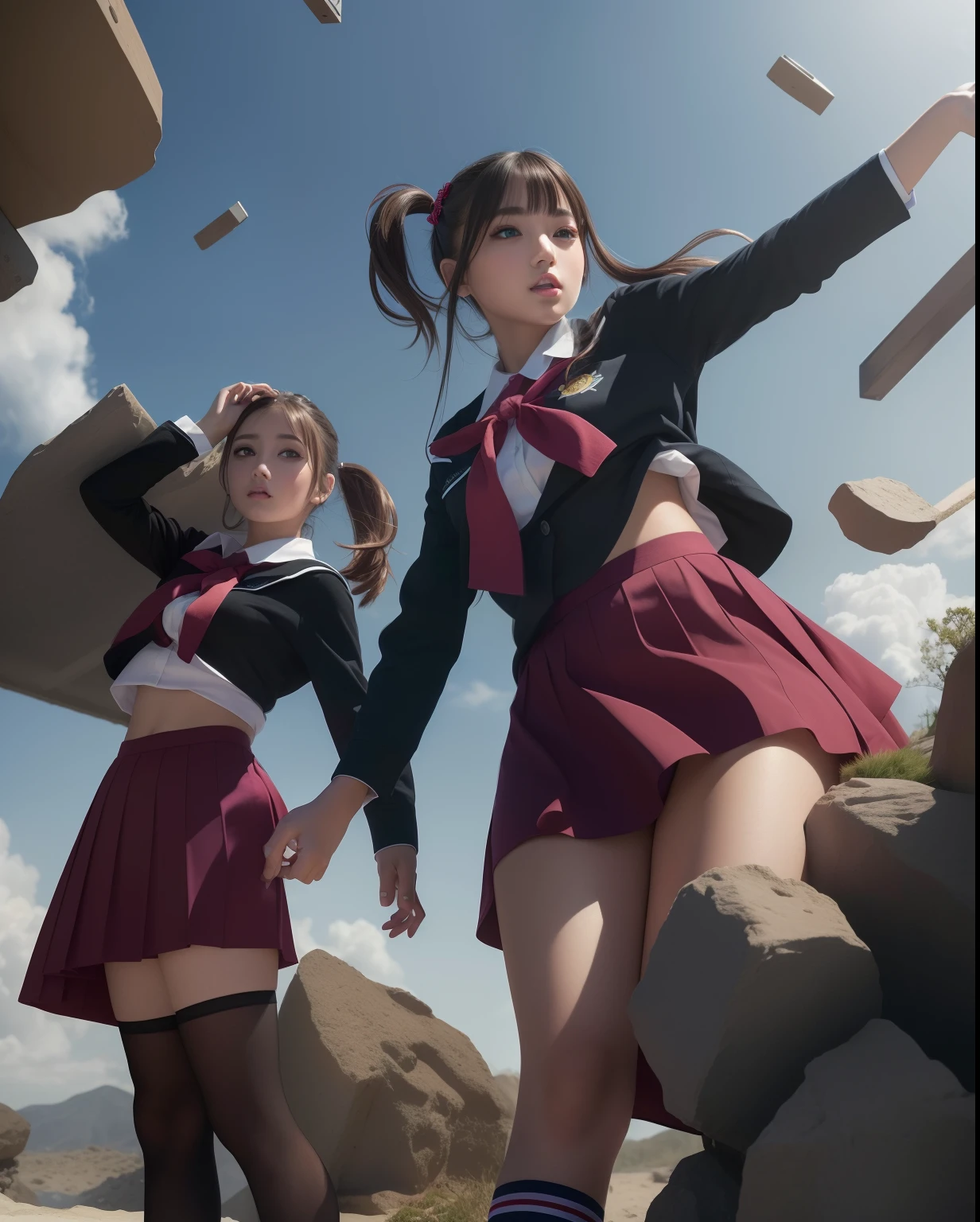 (best quality,4k,8k,highres,masterpiece:1.2), ultra-detailed, (realistic,photorealistic,photo-realistic:1.37), portraits, vivid colors, studio lighting, anime, twins, school girl, beautiful detailed eyes, beautiful detailed lips, japanese, long eyelashes, same clothes, falling rocks, dynamic pose, vibrant background