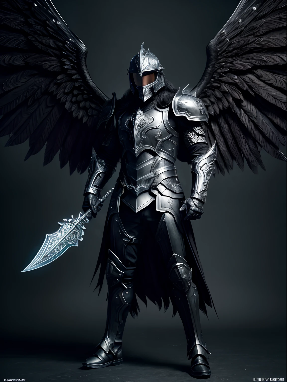 intricately detailed illustration of a dark paladin with black wings and black armor with silver accents, closed helmet, looting lots of feathers, backlit, raytraced, front view, gorgeous body, extremely realistic, full body shot, fantastical, imaginative, visually rich, atmospheric, zoomed, shot by MSchiffer, 32k resolution, best quality