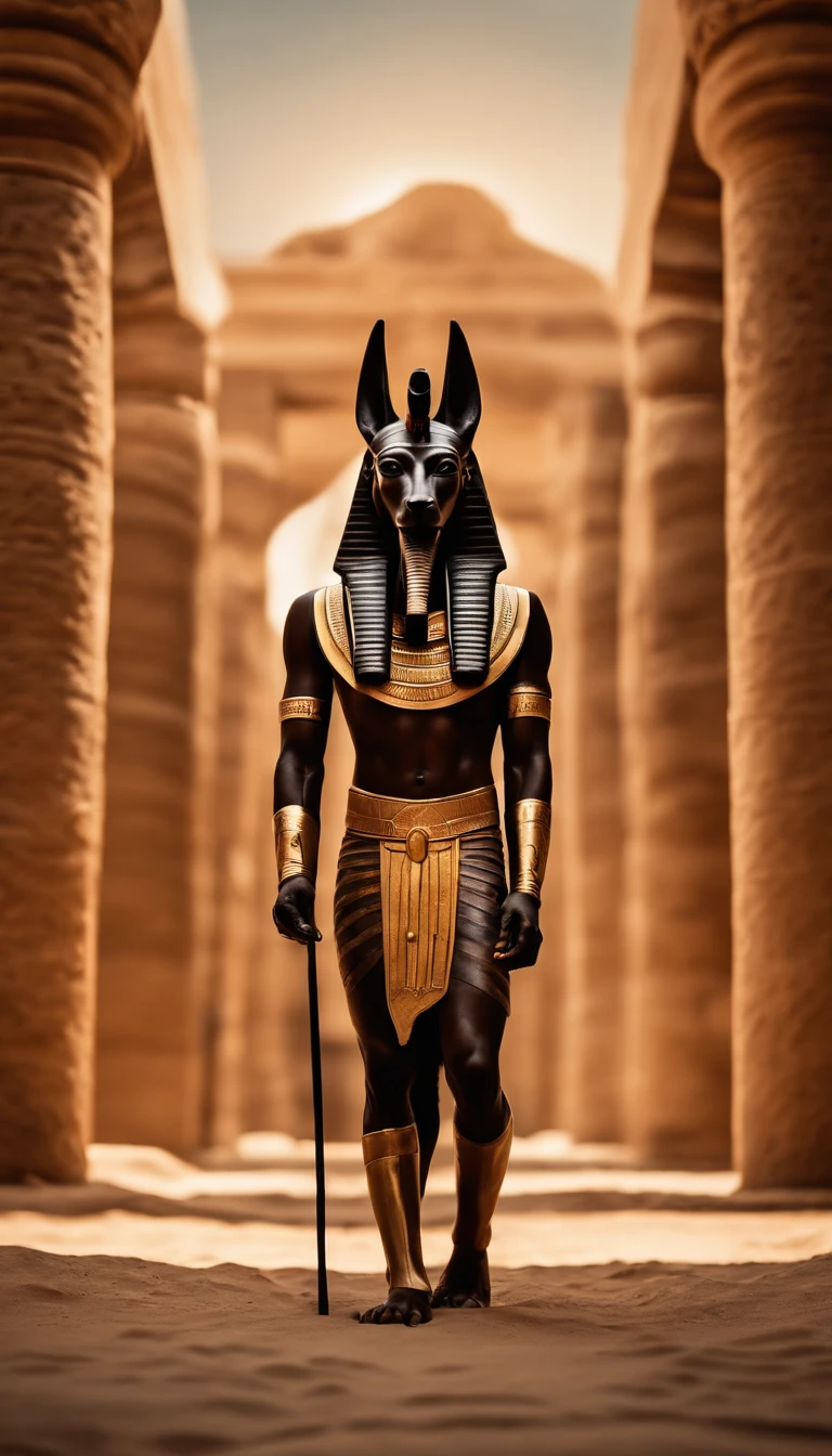 Dios egipcio Anubis caminando en egipto antiguo, , ankh en su mano del Dios