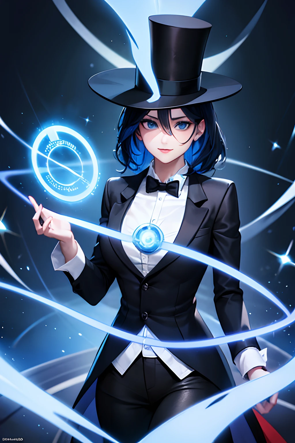 Girl, with daek blue hair, wearing black top hat, Top Hat, wearing blazer, Wizard Costume, black leggings, 4k, using magic in her hands, Looking at the Viewer, in a magic show setting, 4k, magical landscape, play master