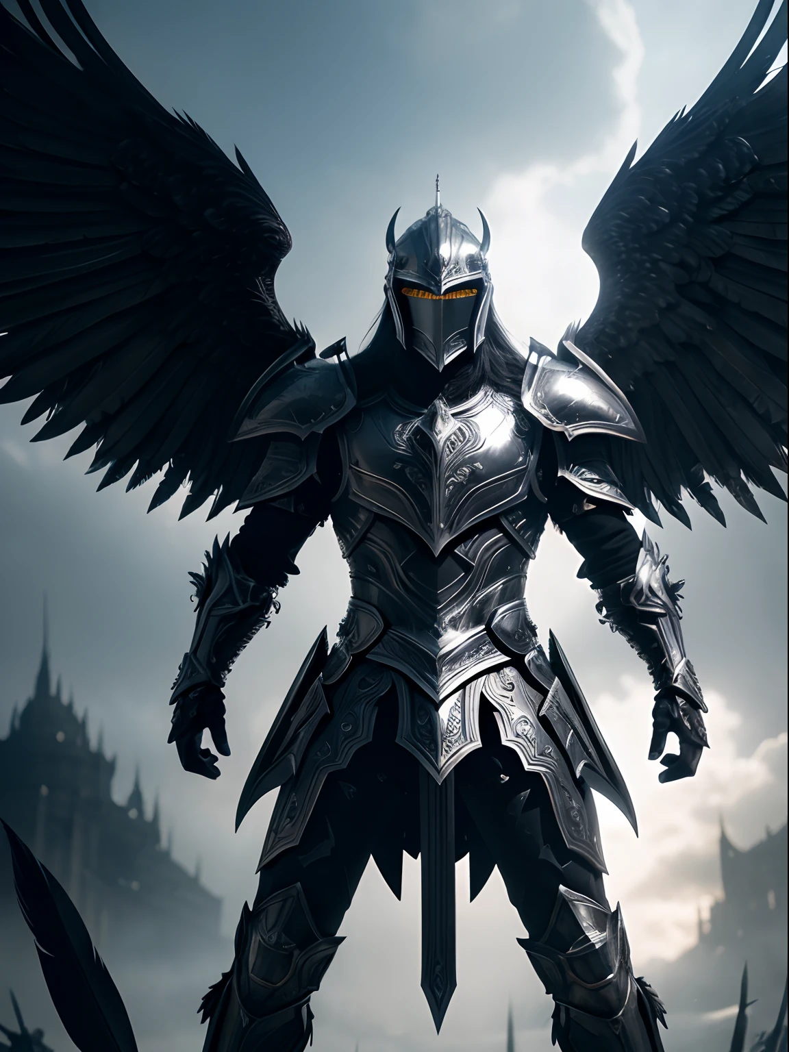 intricately detailed illustration of a dark paladin with black wings and black armor with silver accents, closed helmet, looting lots of feathers, backlit, raytraced, front view, gorgeous body, extremely realistic, full body shot, fantastical, imaginative, visually rich, atmospheric, zoomed, shot by MSchiffer, 32k resolution, best quality