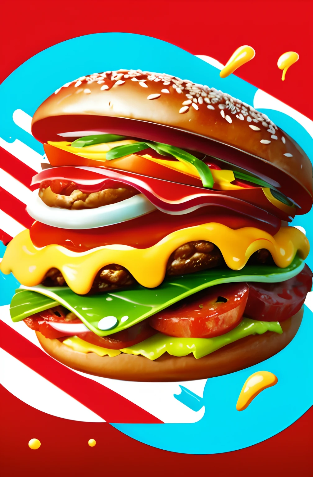 (Best quality,A high resolution,Masterpiece:1.2),Ultra-detailed,Extremely detailed hamburger monster,Chaotic destruction,Playful and cute characters,Animated fast food,Whimsical landscape,Colorful toppings,Vivid expressions,Bright cartoon style,Expressive eyebrows,Mouthwatering, juicy texture,Cheerful ambiance,Lightning speed,large-mouth-large,floating debris,Crispy lettuce,Cheesy kindness,Fly sesame,Hilarious fast-paced action,Crumbling buns,Tomato sauce and mustard overflow,Delicious ingredients,Stretched tomato slices,melted cheese,Caricature style illustration,Naughty mischievous smile,Crunchy pickles,Bursting eyes,Delicious sesame buns,Energetic posture,Funny antics,Bounce animation,Stylish city background,Crazy movement,Delicious mess,Juicy meatloaf,Crazy top buns,Chewing and chewing sound effects.