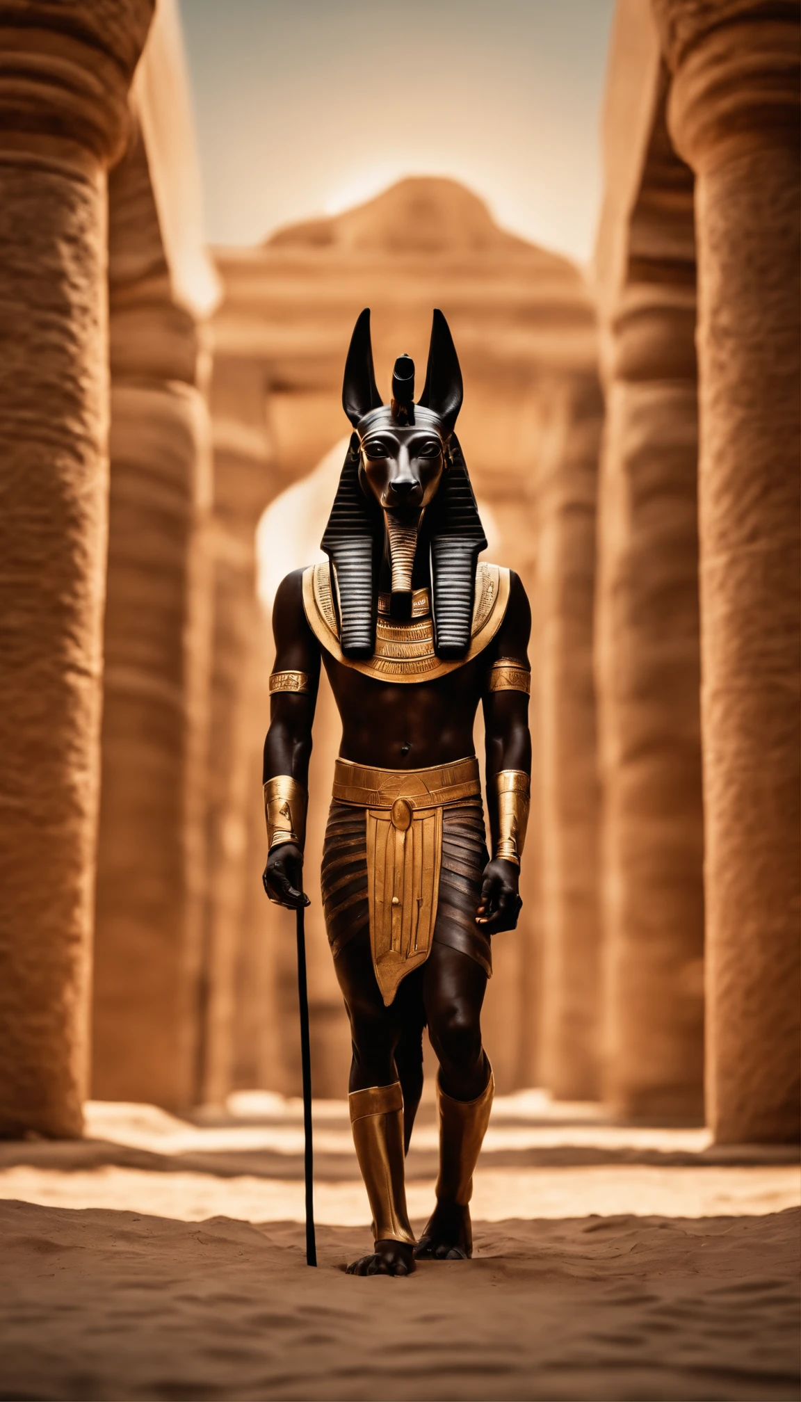 Dios egipcio Anubis caminando en egipto antiguo, , ankh en su mano del Dios