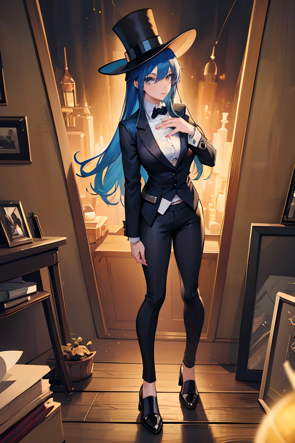 young girl, with daek blue hair, wearing black top hat, top hat, wearing blazer, magician outfit, black legging pants, 4k, wearing magic in hands, looking at viewer, in a magic show scenerie, 4k, magician landscape, masterpiece