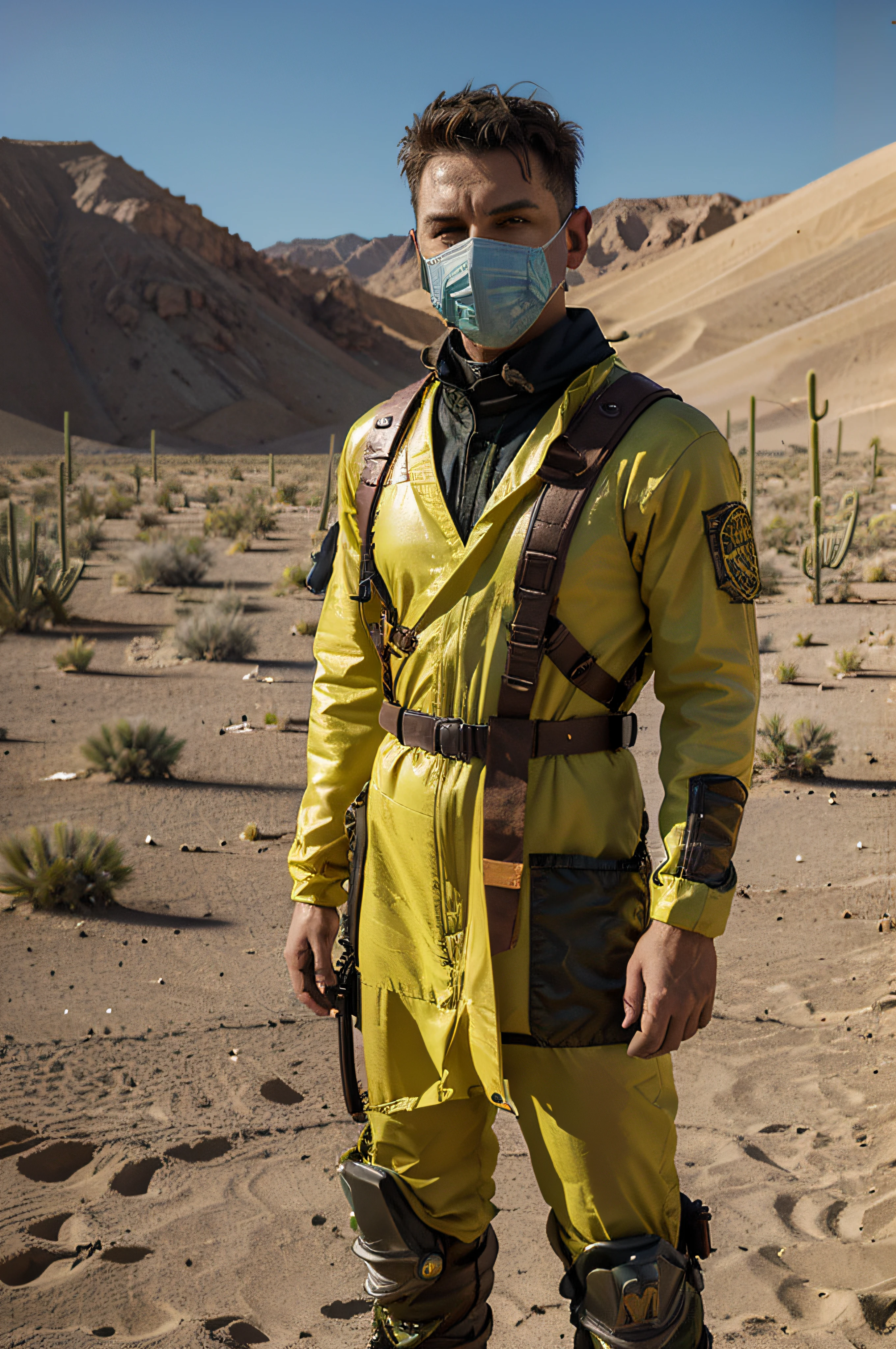(tmasterpiece,high qulity,real photograph),Complicated details,Fantastical Atmosphere,Colorful effects,A man in a desert,Wears Full Biohazard Suite with Radiation Mask Yellow color , Delicate and detailed suite and mask,Standing with A Biohazard Weapon with his hand , Behind him Area 51 in the desert, Realistic Desert and very detailles background in the desert
