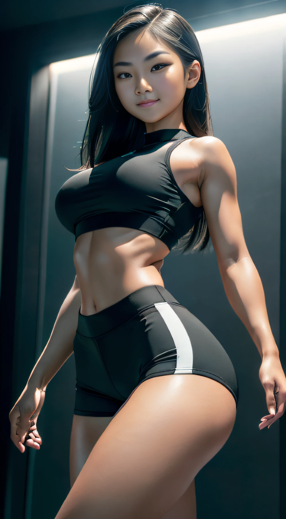 (ultra high definition), (ultra high definition), (full sharpness), (maximum quality), (Cinematic), (8k), ((Filipina woman)), ((extremely beautiful)), (alone), ((full body)), (ultra detailed face), (ultra detailed eyes), (ultra realist eyes), (athletic body), (delicate hands), (very detailed hands), (studio lighting), ((front view)), (big smile), (soft skin), (very small breasts), (very big ass), (natural skin), (unique), (totally realistic), (so sweet), ((always the same face)), ((repeat always the same face)), ((always the same body)), ((always the same proportions)), ((looking at the camera)), ((wearing crop top and tight booty shorts))