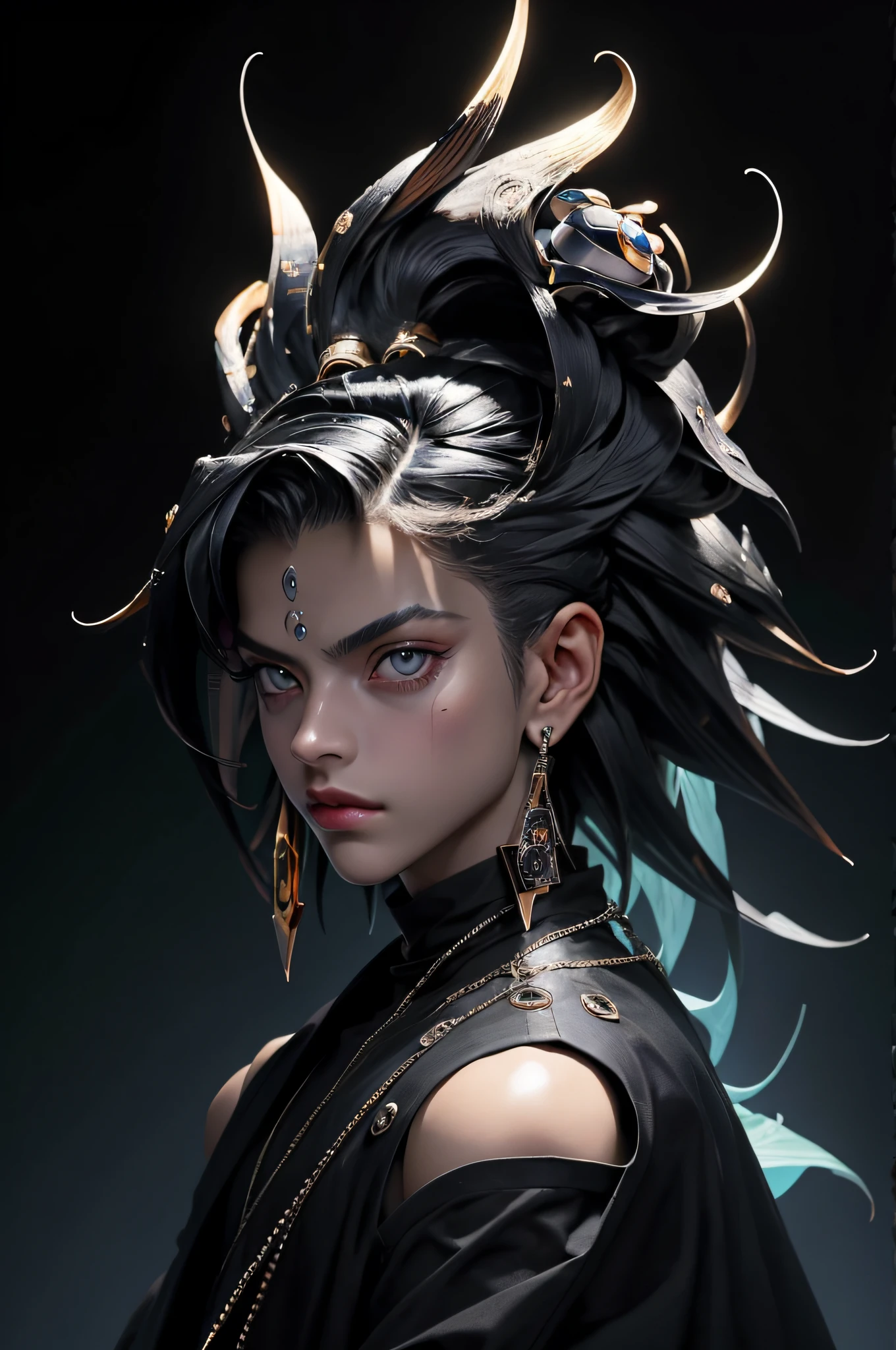 fotografia de moda: At the intersection of fashion and cyborg aesthetics,"Menino Yugi"((yugi YU-GI-OH)) in a digital realm dominated by binary code. ""olhos perfeitos"", Como uma musa minimalista op-art,("Black dragon around you") Symbolizes innovation in beauty, com sua impressionante paleta FULL HD 32k de preto, ouro, e tons brancos.