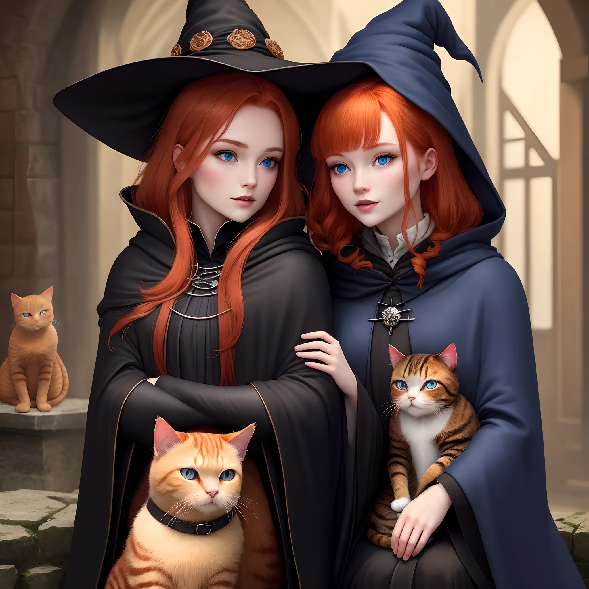 Red-haired witch with blue eyes in a black cloak with a ginger cat