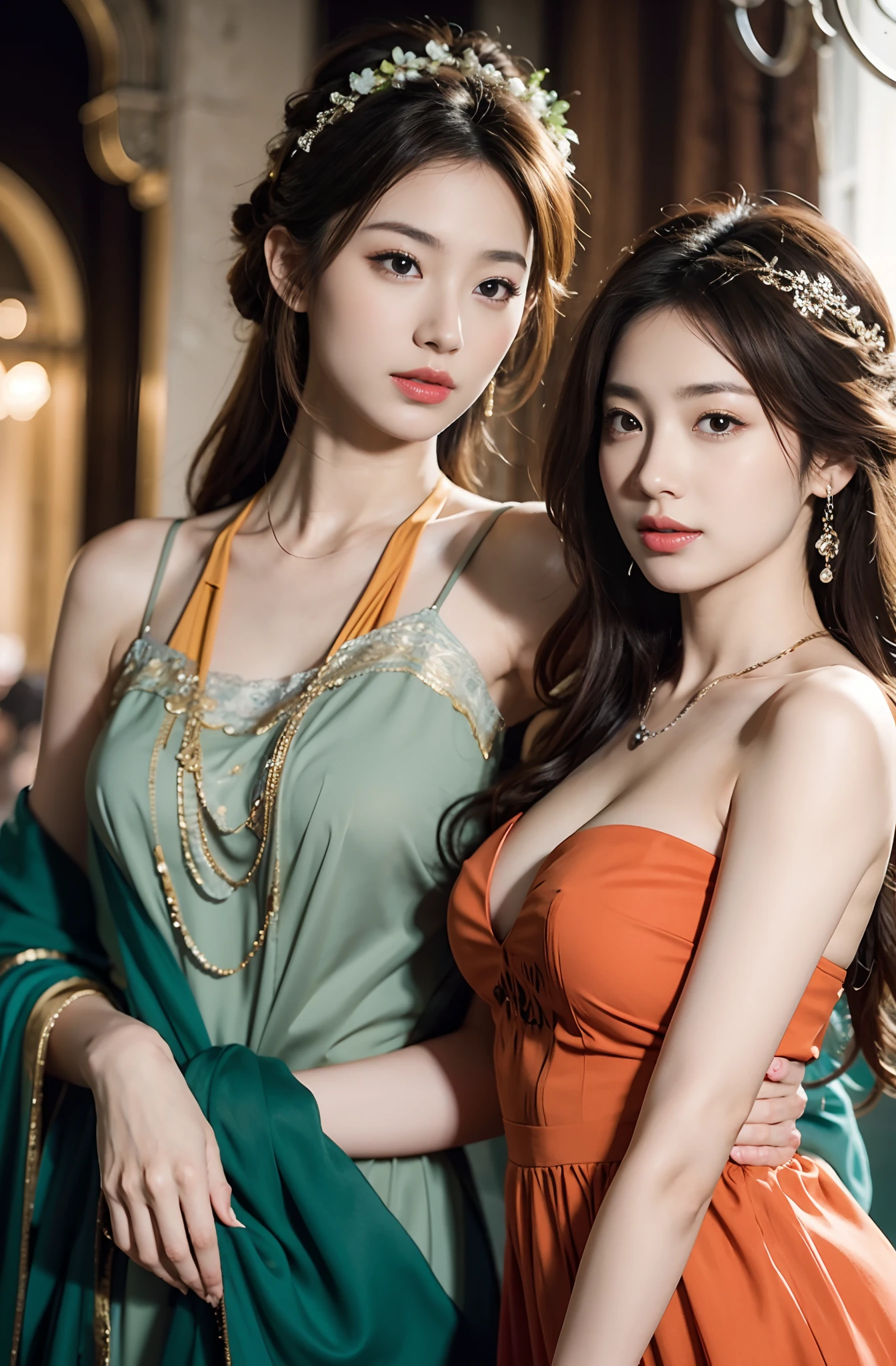 The proportions are the same for all races, All faces and pictures must be different, (8K、nffsw、Hi-Res)、((((a picture、Raw photography、Hyper-Realism、​masterpiece、top-quality、超A high resolution))))、(Pin Light、Back lighting、Back lighting、ciinematic light)、foco nítido:1。4、(Hyper-detailing、finedetail)、cowboy  shot、 2girls