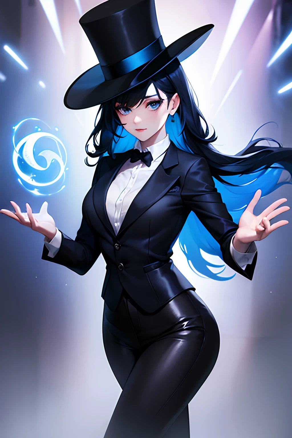 Girl, with daek blue hair, wearing black top hat, Top Hat, wearing blazer, Wizard Costume, black leggings, 4k, using magic in her hands, Looking at the Viewer, in a magic show setting, 4k, magical landscape, play master