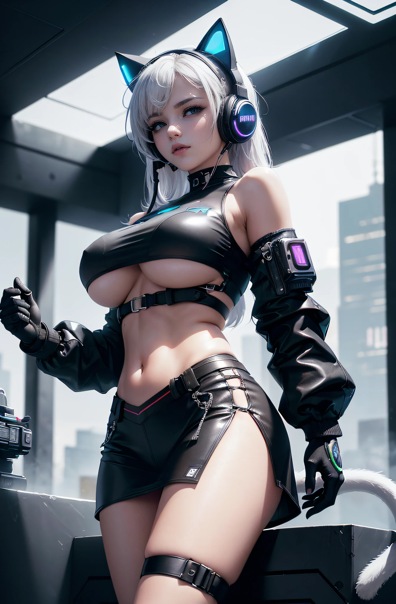 (masterpiece:1.2, beautiful, 8k, 4k, amazing quality, cyberpunk, futuristic, extreme detail, ultra sharp, smooth, ray tracing, fine detail, quality lighting, perfect, underboob, cat ear headphones)