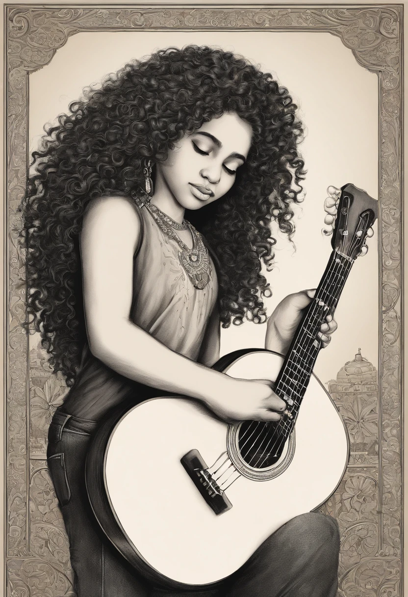crie um banner no estilo Pixar. A boy with Indian features, moreno pardo com cabelos curtos, castanhos escuros, curly and slightly graying but youthful appearance, usando uma camiseta, Wearing jeans and holding a classical guitar with 7 strings. Beside him a white girl, Beautiful woman with long black hair holding a silver flute.