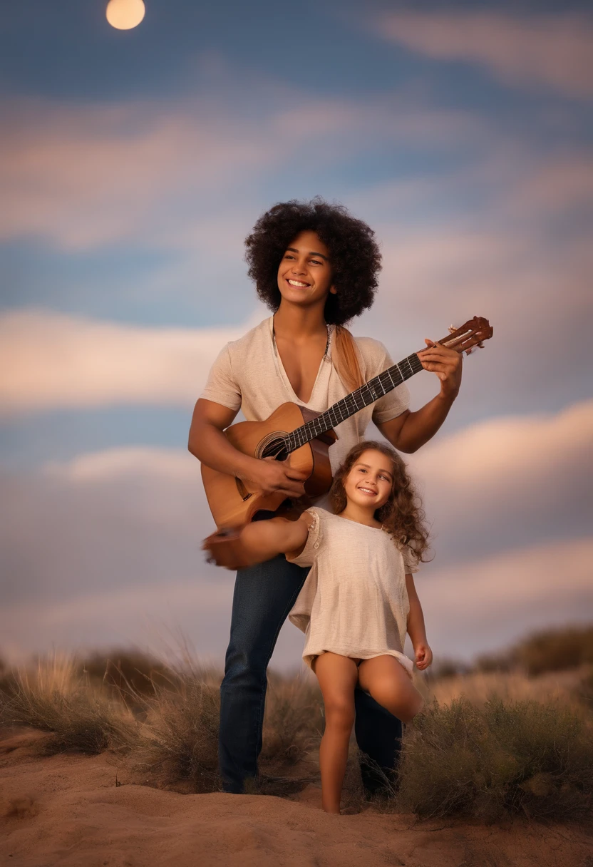 crie um banner no estilo Pixar. A boy with Indian features, moreno pardo com cabelos curtos, castanhos escuros, curly and slightly graying but youthful appearance, usando uma camiseta, Wearing jeans and holding a classical guitar with 7 strings. Beside him a white girl, Beautiful woman with long black hair holding a silver flute.