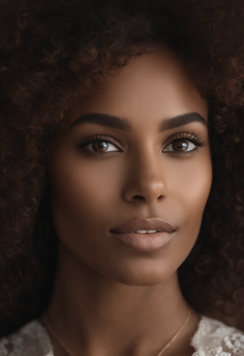 Just the face of one woman (30 years old) with brown skin, brown skin, brown skin, brown skin, brown skin, brown skin, brown skin. Curly hair with bangs, dark brown color at shoulder length. Eyes brown and white, her right eye are white, small mouth, a little chubby cheeks, oval face. Eyes brown and white, her right eye are white,Eyes brown and white, her right eye are white,Eyes brown and white, her right eye are white
