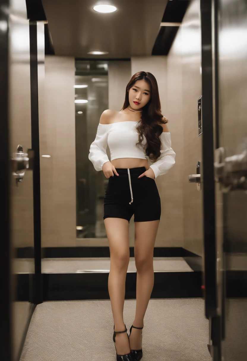 Korean girl, 21 years old, sexy, voluminous breasts, perky and round ass, selfie in the elevator mirror, wearing white crop tops and black pants