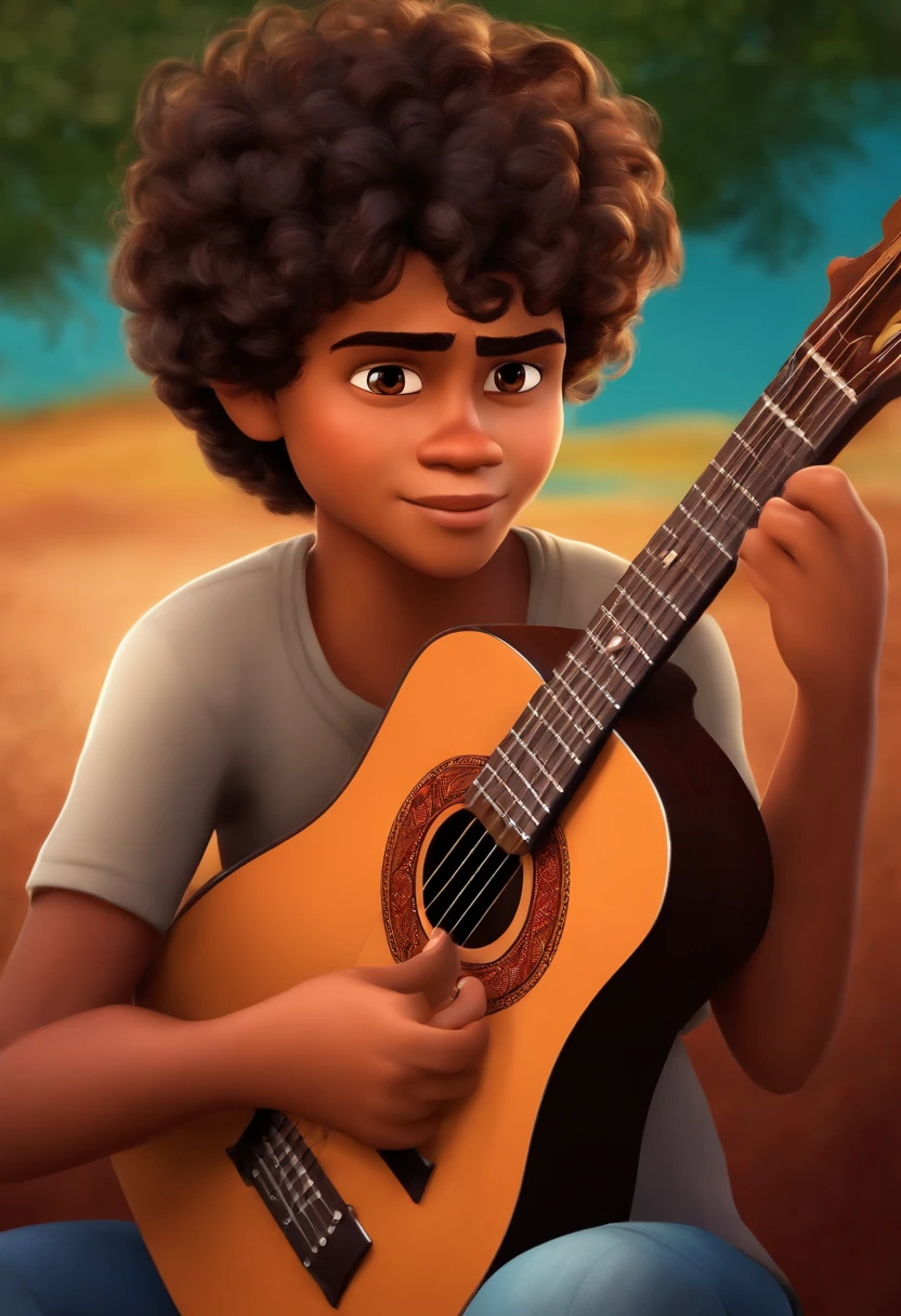 crie um banner no estilo Pixar. A boy with Indian features, moreno pardo com cabelos curtos, castanhos escuros, curly and slightly graying but youthful appearance, usando uma camiseta, Wearing jeans and holding a classical guitar with 7 strings.