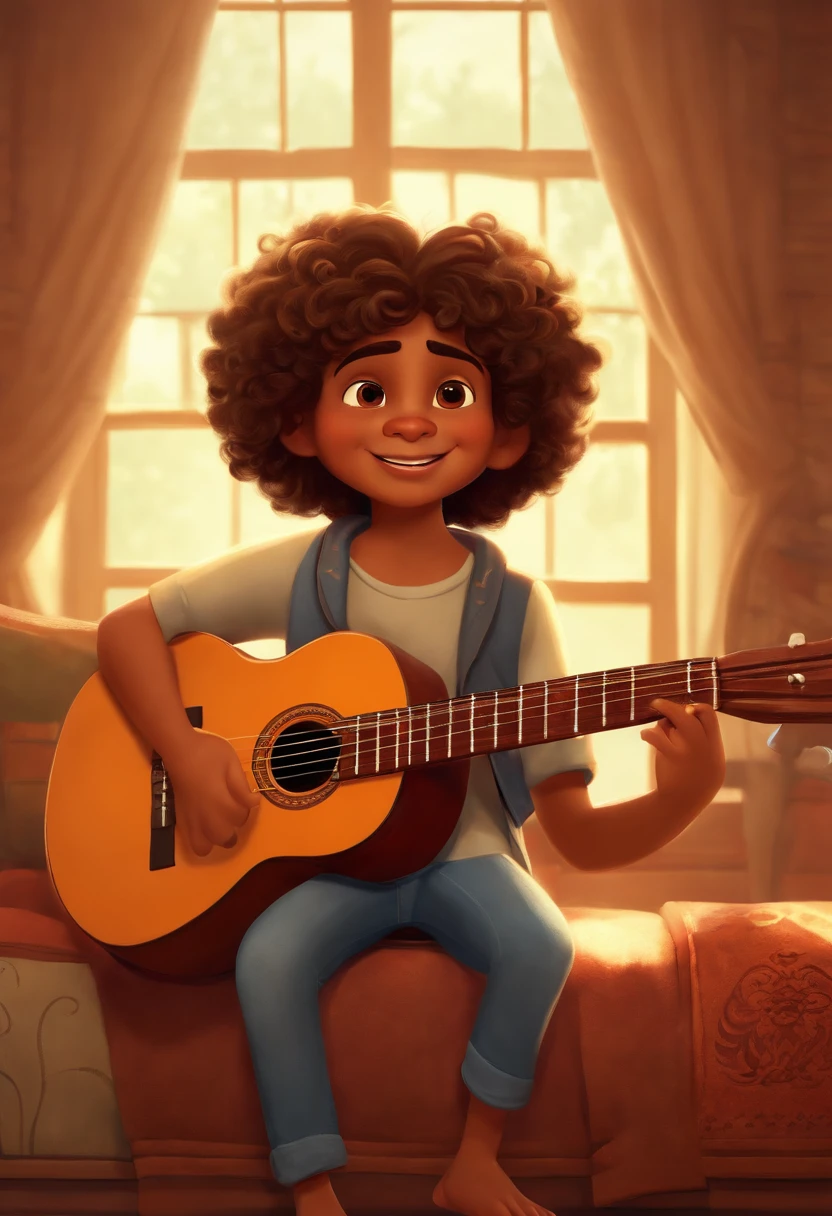crie um banner no estilo Pixar. A boy with Indian features, moreno pardo com cabelos curtos, castanhos escuros, curly and slightly graying but youthful appearance, usando uma camiseta, Wearing jeans and holding a classical guitar with 7 strings.