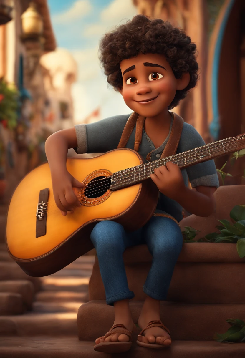 crie um banner no estilo Pixar. A boy with Indian features, moreno pardo com cabelos curtos, castanhos escuros, curly and slightly graying but youthful appearance, usando uma camiseta, Wearing jeans and holding a classical guitar with 7 strings.